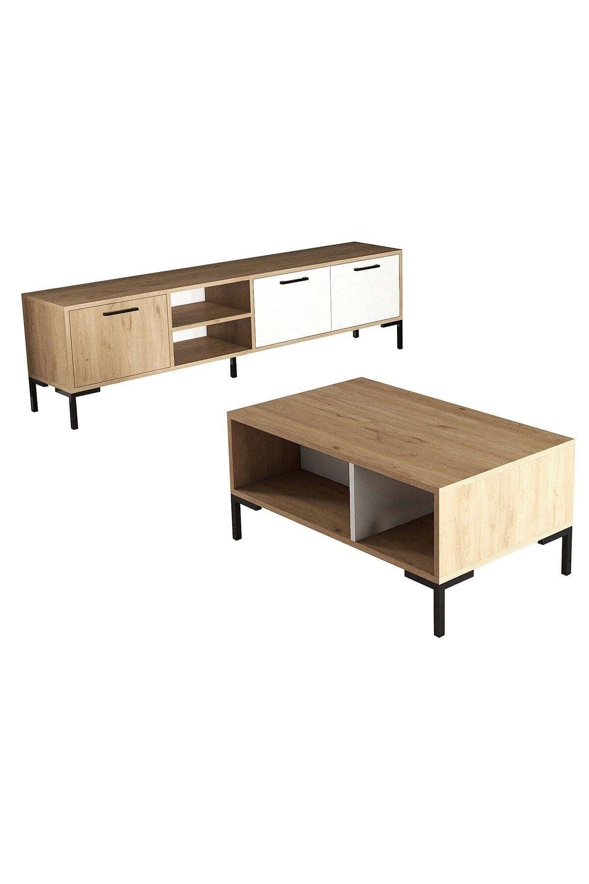 SET 1594-2084 Aurora 180 Cm Metal Ayaklı Tv Ünitesi + Aurora Orta Sehpa - Sepet-beyaz