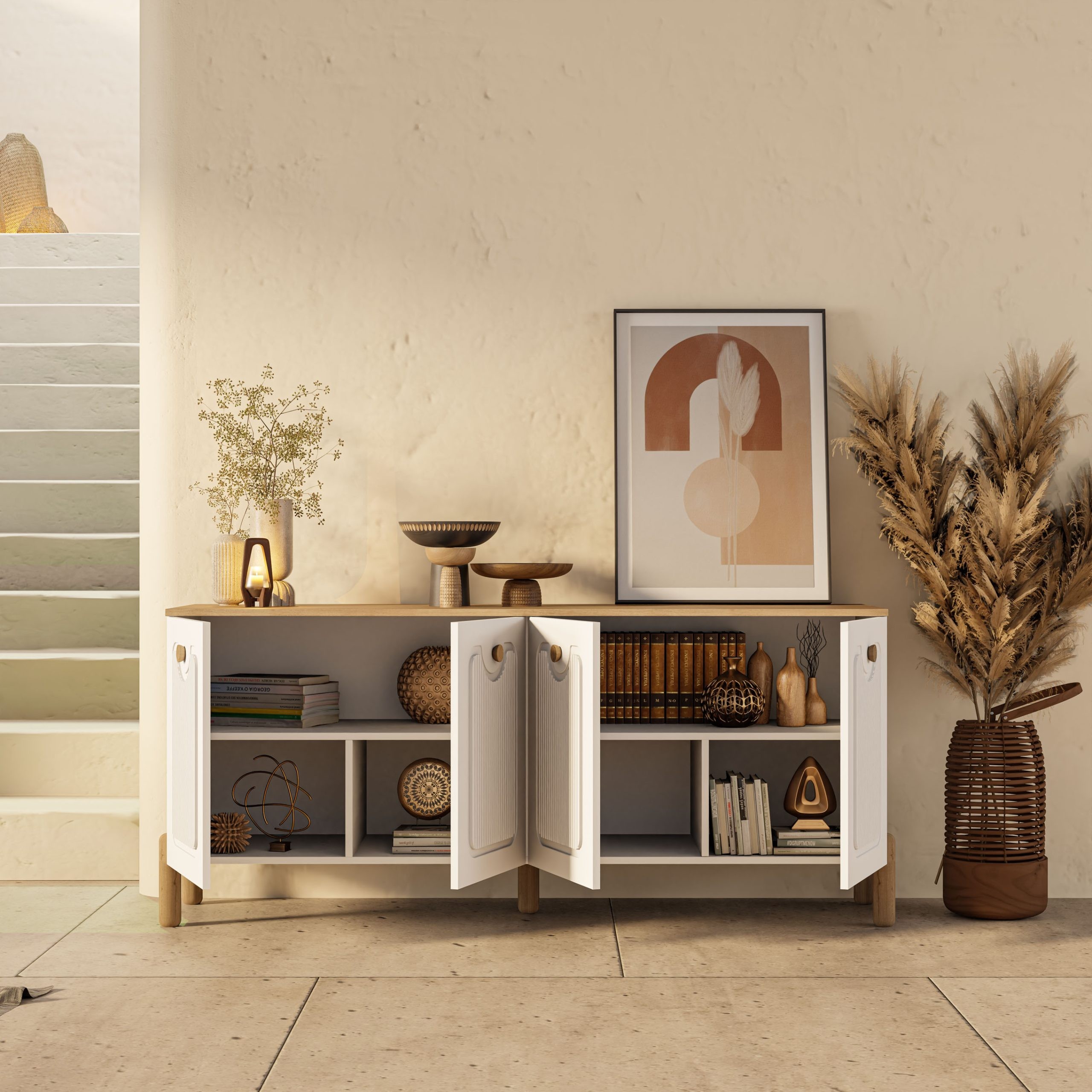1740 Napoli 180 Cm (Membran MDF Kapaklı) Bohem Konsol Sepet - Beyaz