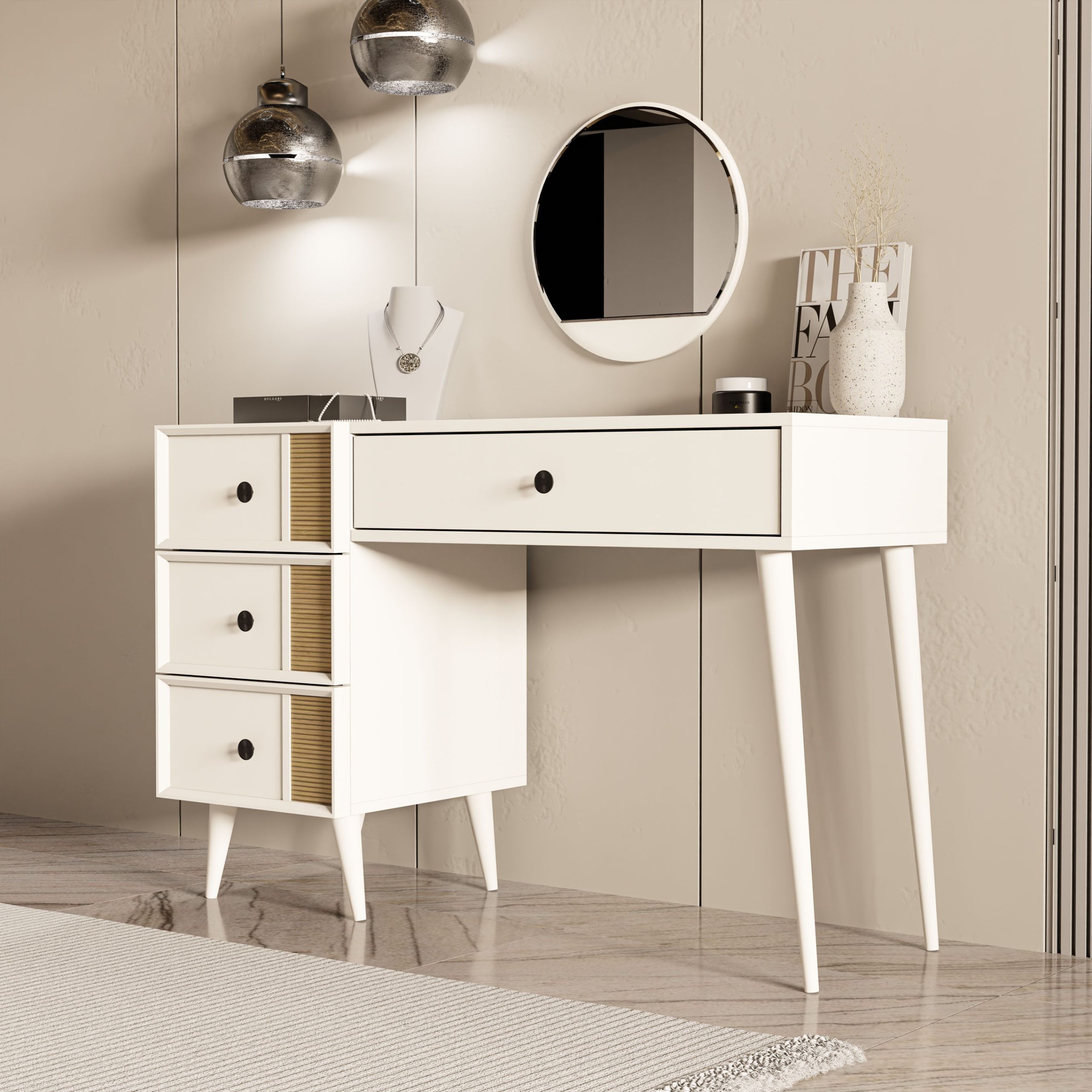 2252 ROSE AYNALI (AHŞAP AYAKLI)MDF PROFİL ÇERÇEVELİ 4 ÇEKMECELİ 120 CM MAKYAJ MASASI BEYAZ-YUNUS