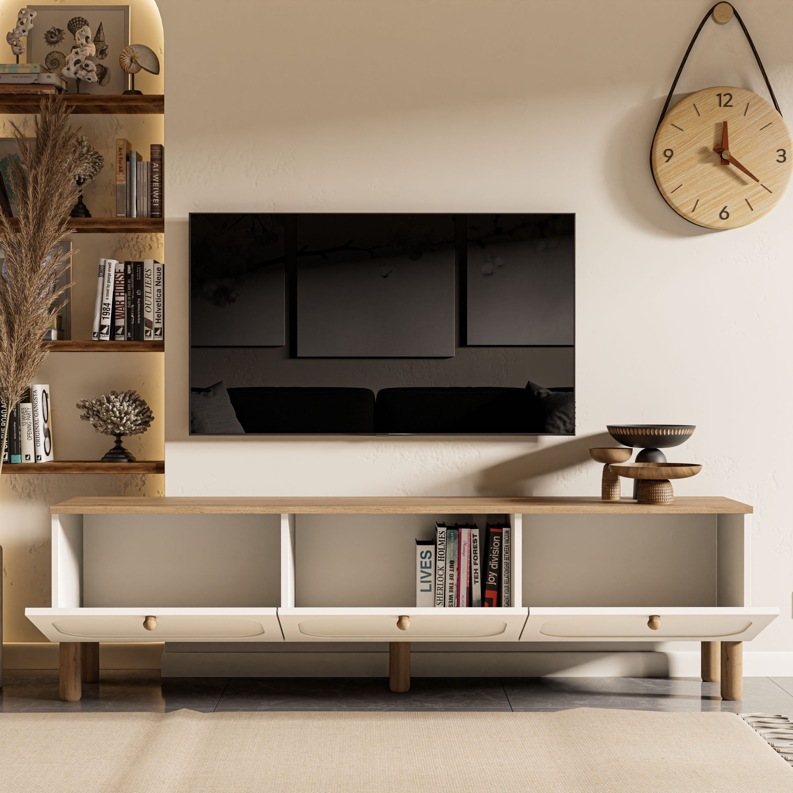 1280 Monza Membran Mdf Kapaklı Bohem Tv Ünitesi Sepet Beyaz