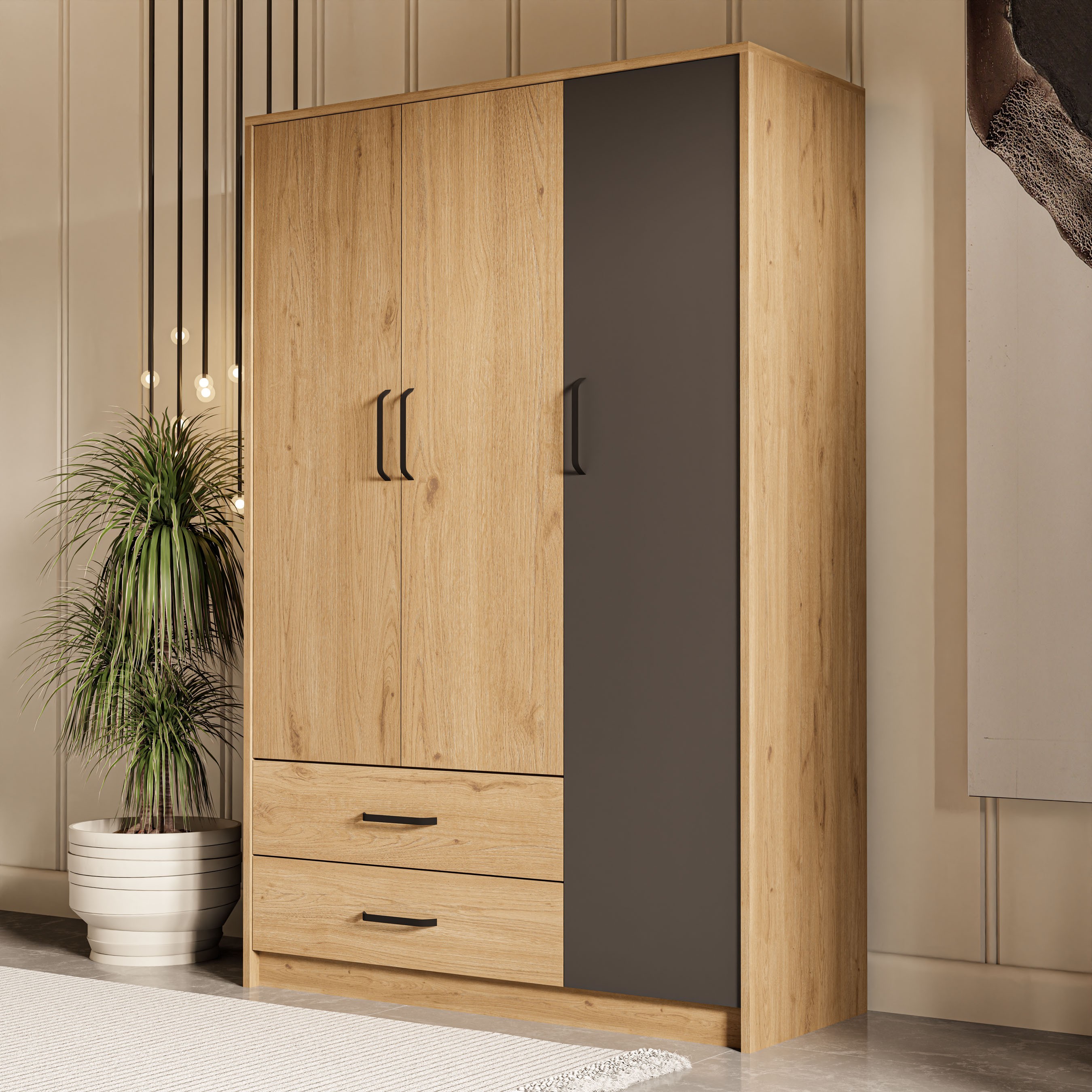 3508 Grande Modern 3 Kapılı 2 Çekmeceli Gardırop Sepet - Antrasit