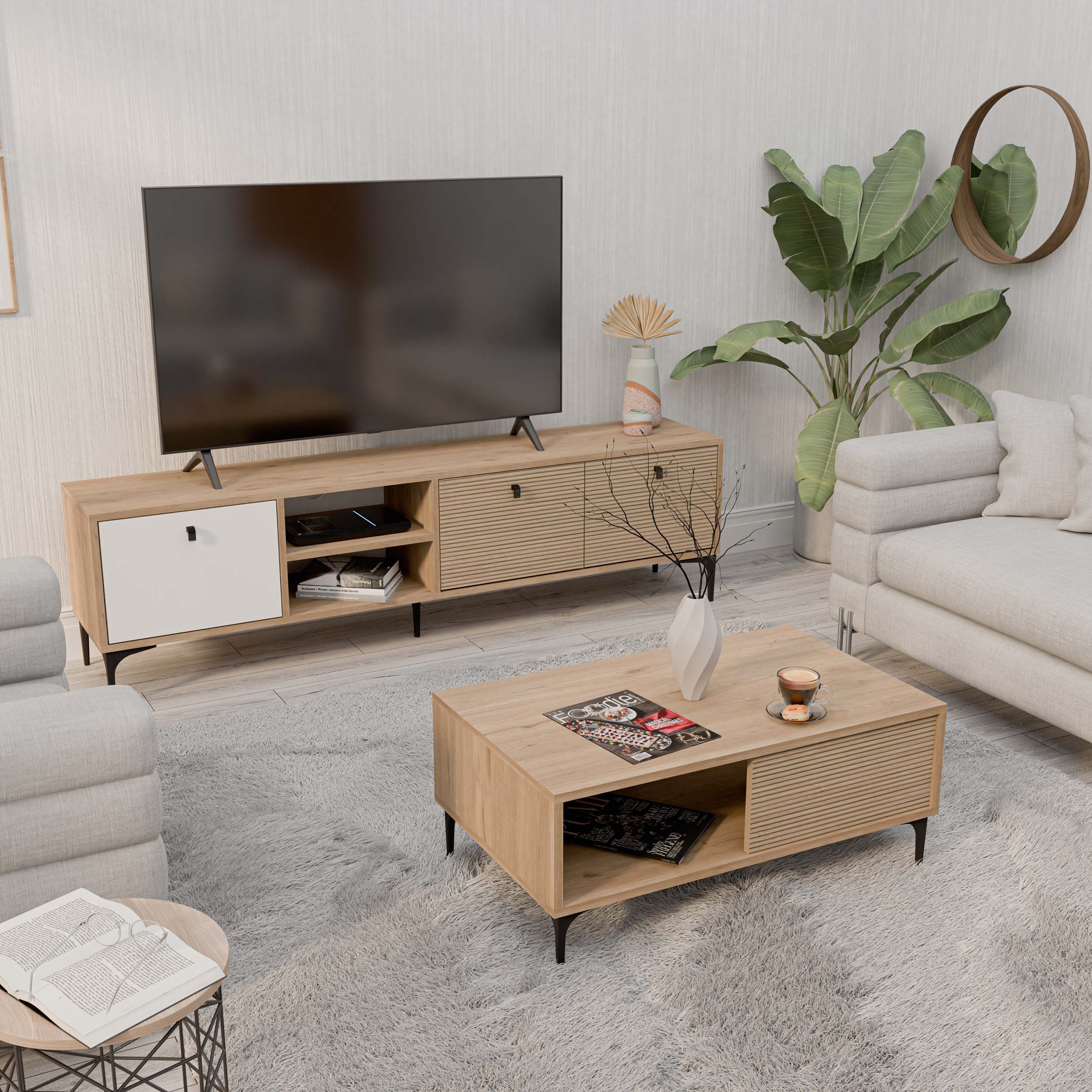 SET 1366-2092 VİSİON TV ÜNİTESİ - ORTA SEHPA SETİ SEPET - YUNUS - BEYAZ