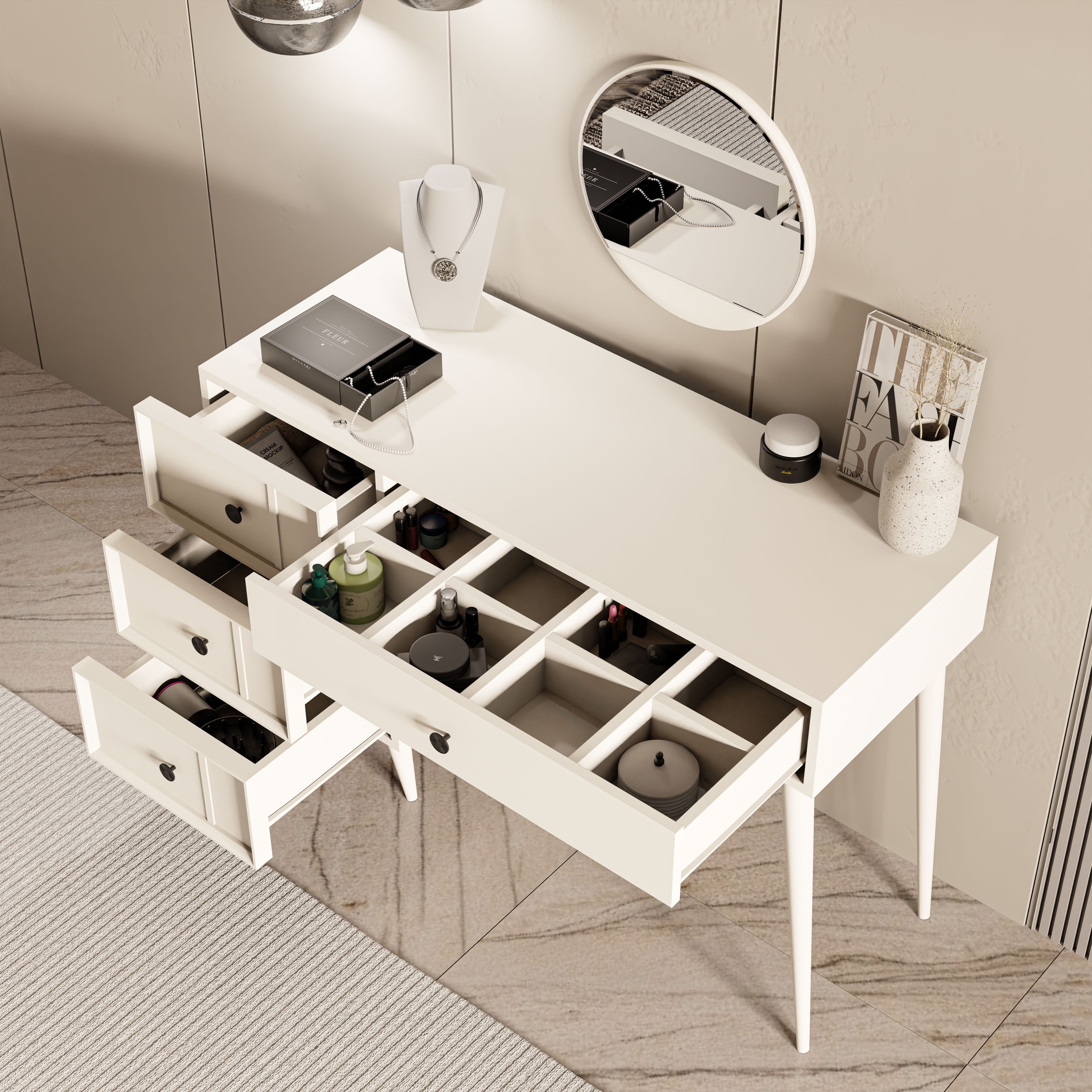 2250 ROSE AYNALI (AHŞAP AYAKLI)MDF PROFİL ÇERÇEVELİ 4 ÇEKMECELİ 120 CM MAKYAJ MASASI BEYAZ