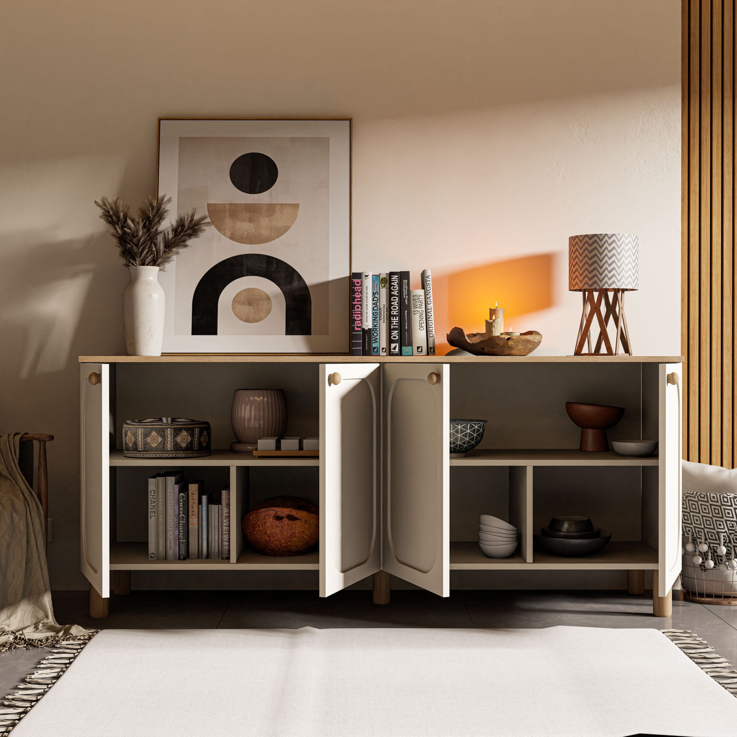 1700 Monza 180 Cm (Membran MDF Kapaklı) Bohem Konsol Sepet-Beyaz