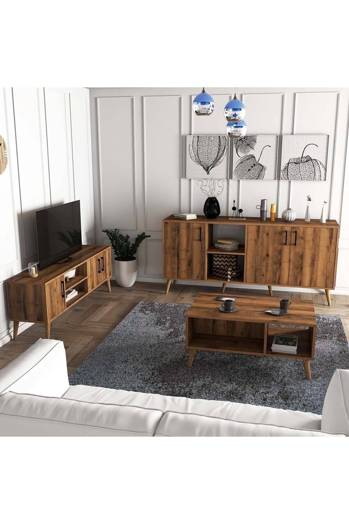 SET 1582-2072-1622 Exxen (ahşap Ayaklı) Tv Ünitesi - Orta Sehpa - Konsol SETi Hat Rengi
