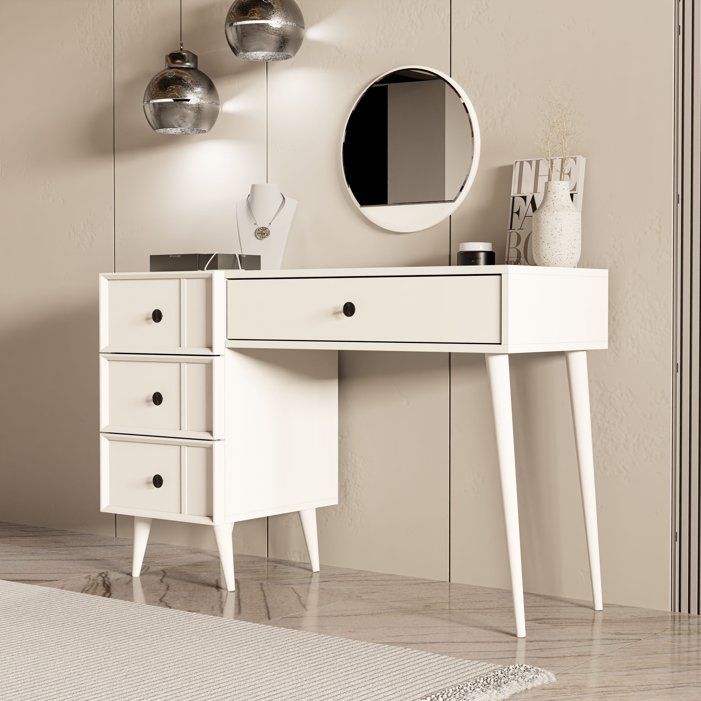 2250 Rose Aynalı (Ahşap Ayaklı)Mdf Profil Çerçeveli 4 Çekmeceli 120 Cm Makyaj Masası Beyaz