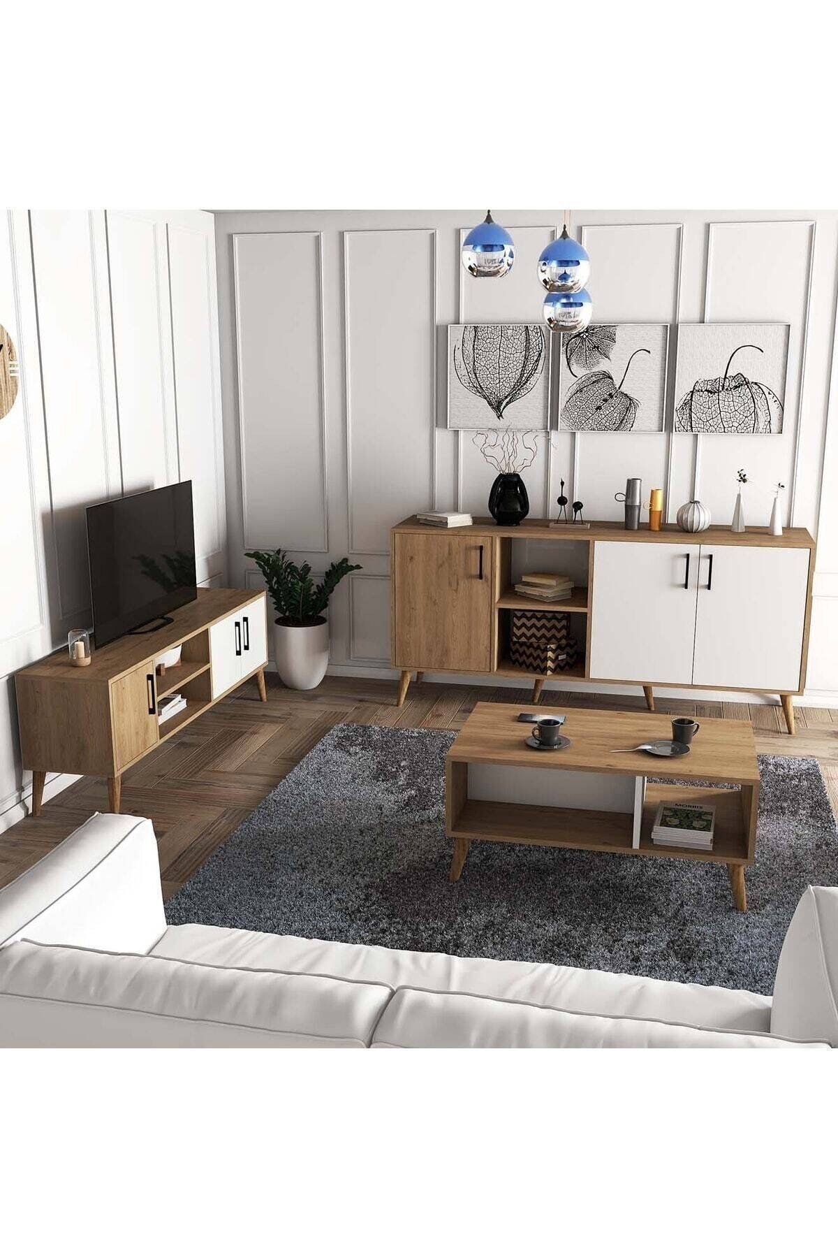 SET 1584-2074-1624 Exxen (ahşap Ayaklı) Tv Ünitesi - Orta Sehpa - Konsol SETi Sepet - Beyaz