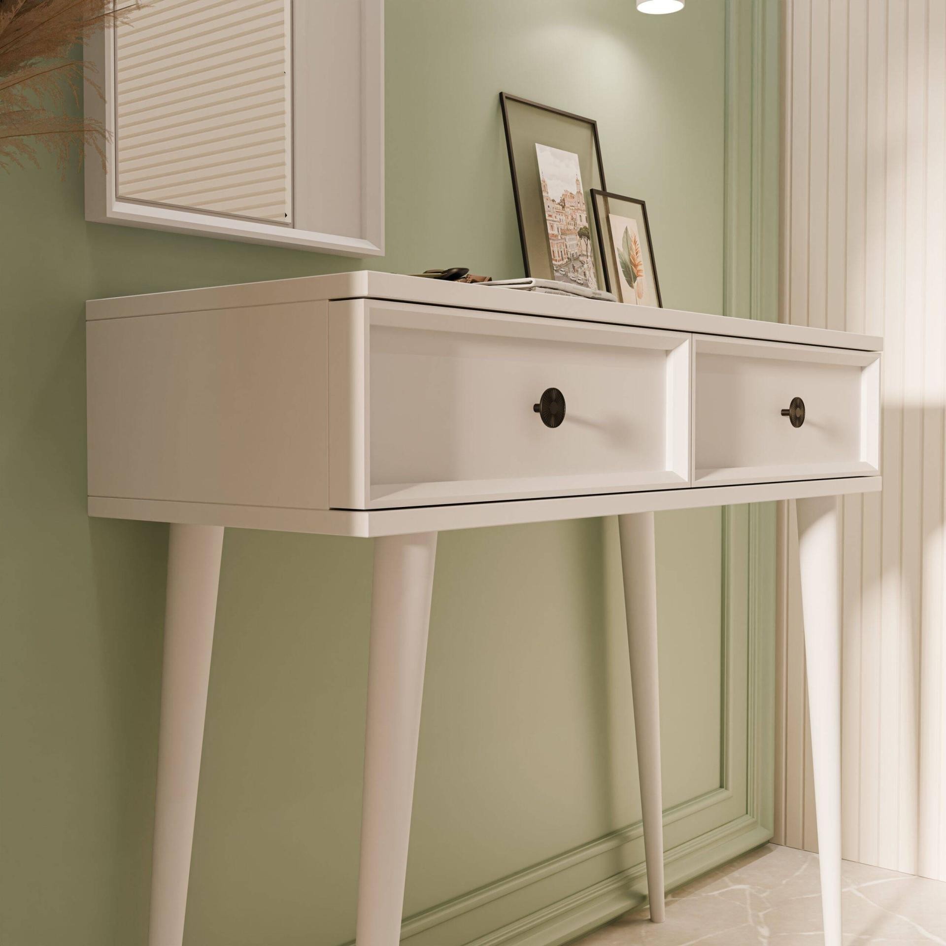 6020 LUNA (AHŞAP AYAKLI) MDF PROFİL ÇERÇEVELİ 2 ÇEKMECELİ AYNALI DRESUAR BEYAZ