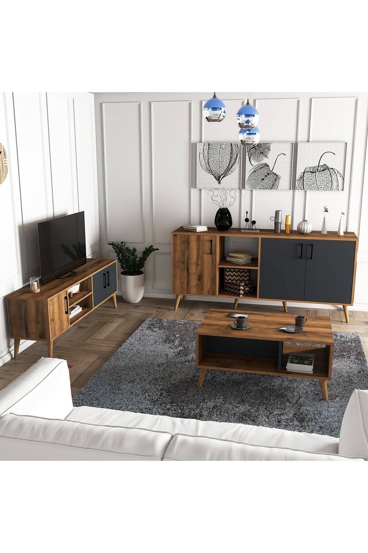 SET 1580-2070-1620 Exxen (AHŞAP AYAKLI) Tv Ünitesi - Orta Sehpa - Konsol SETi Hat - Antrasit