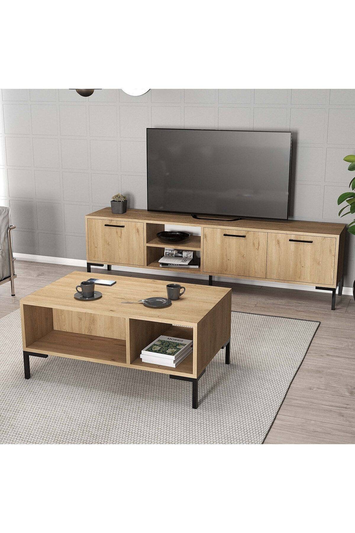 SET 1596-2086 Aurora 180 Cm Metal Ayaklı Tv Ünitesi + Aurora Orta Sehpa - Sepet Rengi