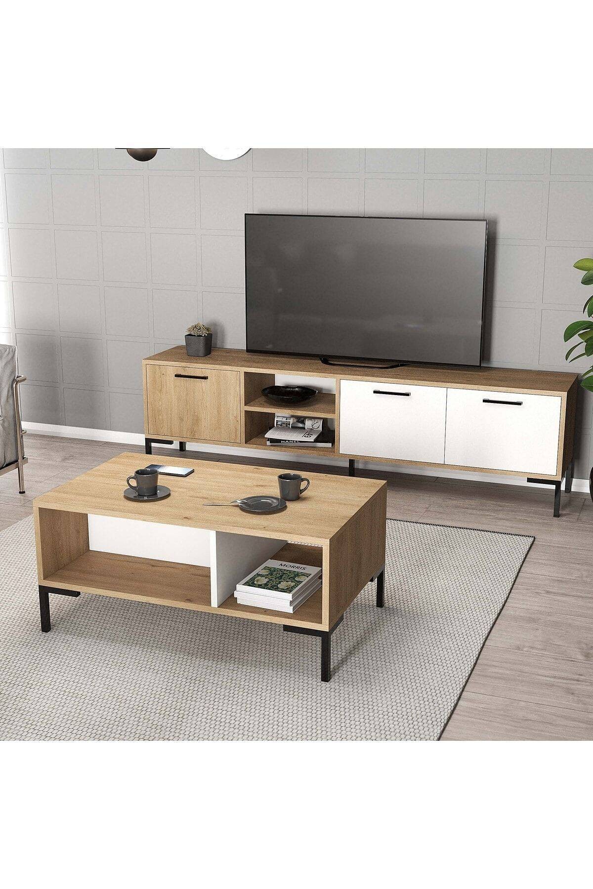SET 1594-2084 Aurora 180 Cm Metal Ayaklı Tv Ünitesi + Aurora Orta Sehpa - Sepet-beyaz