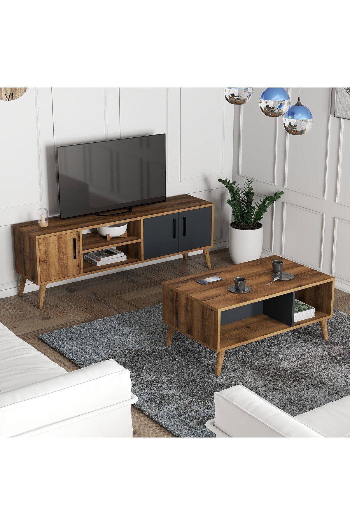 SET 1580-2070 EXXEN 150 CM (AHŞAP AYAKLI) TV ÜNİTESİ ORTA SEHPA SETİ HAT ANTRASİT