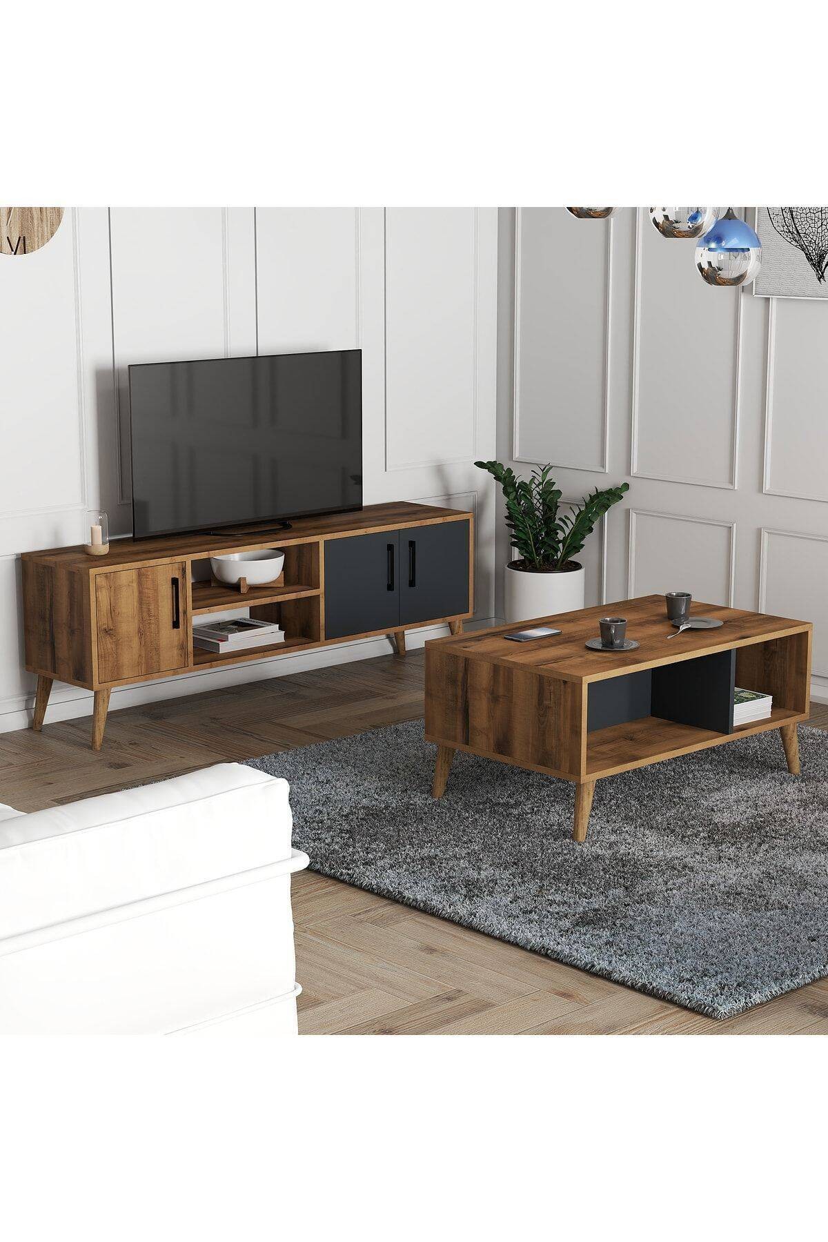 SET 1580-2070 EXXEN 150 CM (AHŞAP AYAKLI) TV ÜNİTESİ ORTA SEHPA SETİ HAT ANTRASİT