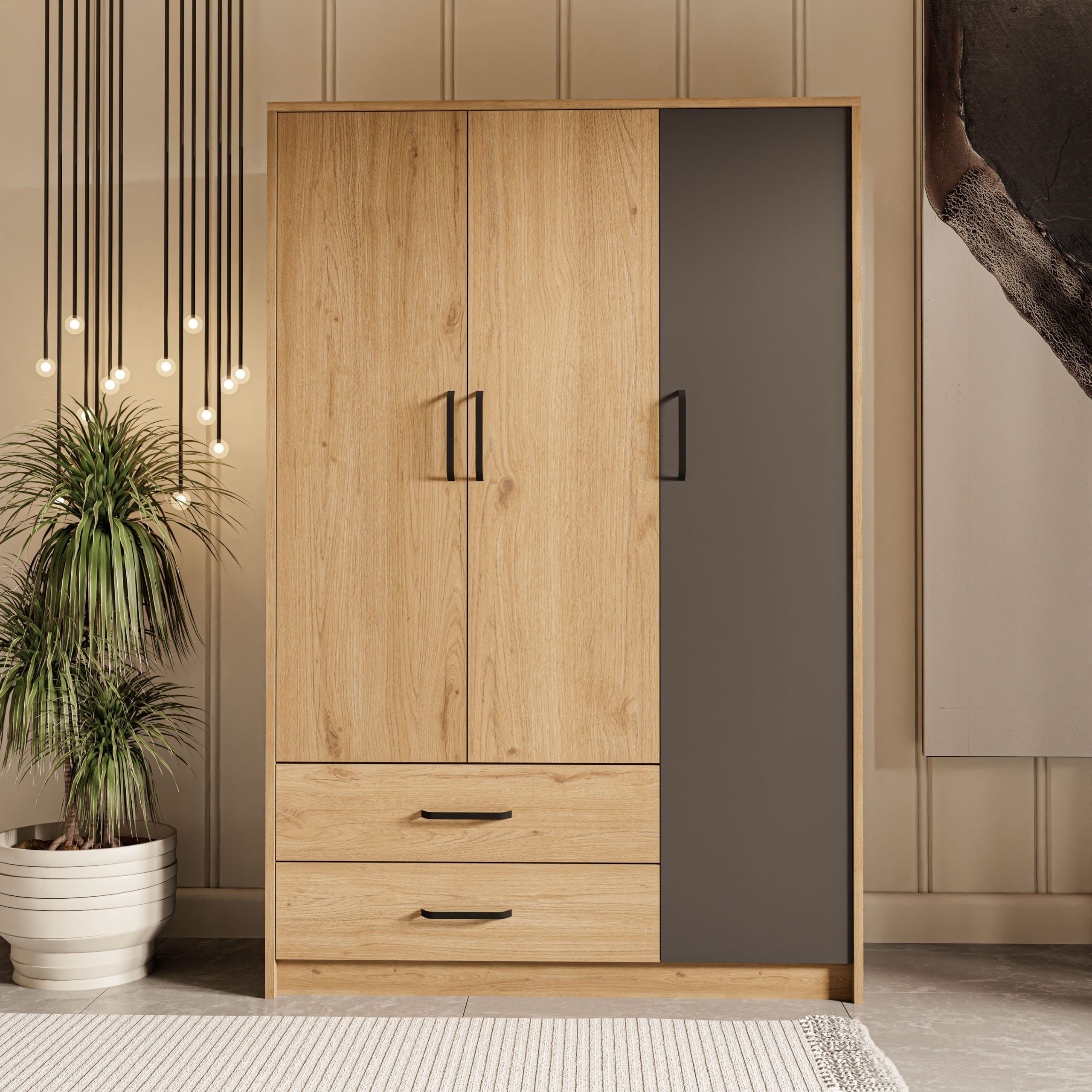 3508 Grande Modern 3 Kapılı 2 Çekmeceli Gardırop Sepet - Antrasit