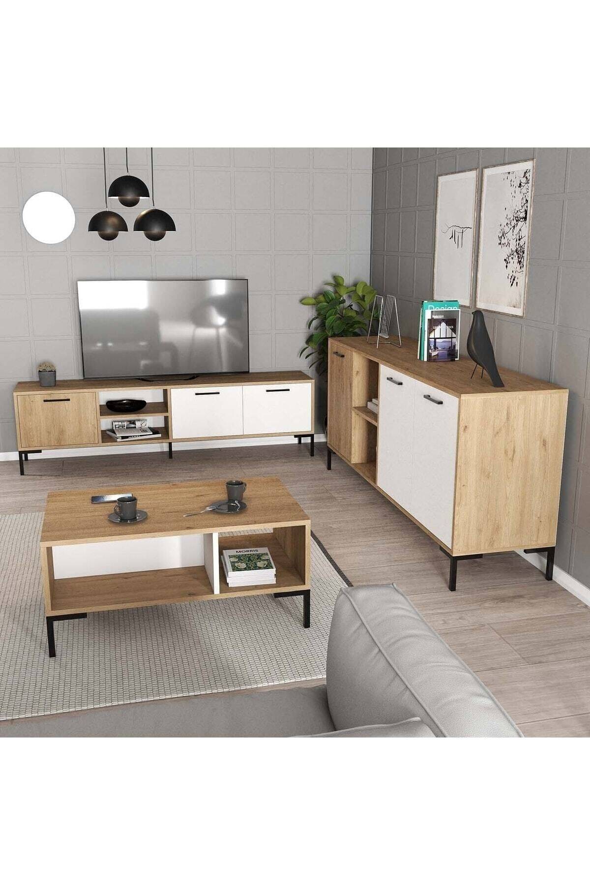 SET 1594-2084-1634 Aurora (Metal Ayaklı) Tv Ünitesi - Orta Sehpa - Konsol SETi Sepet - Beyaz