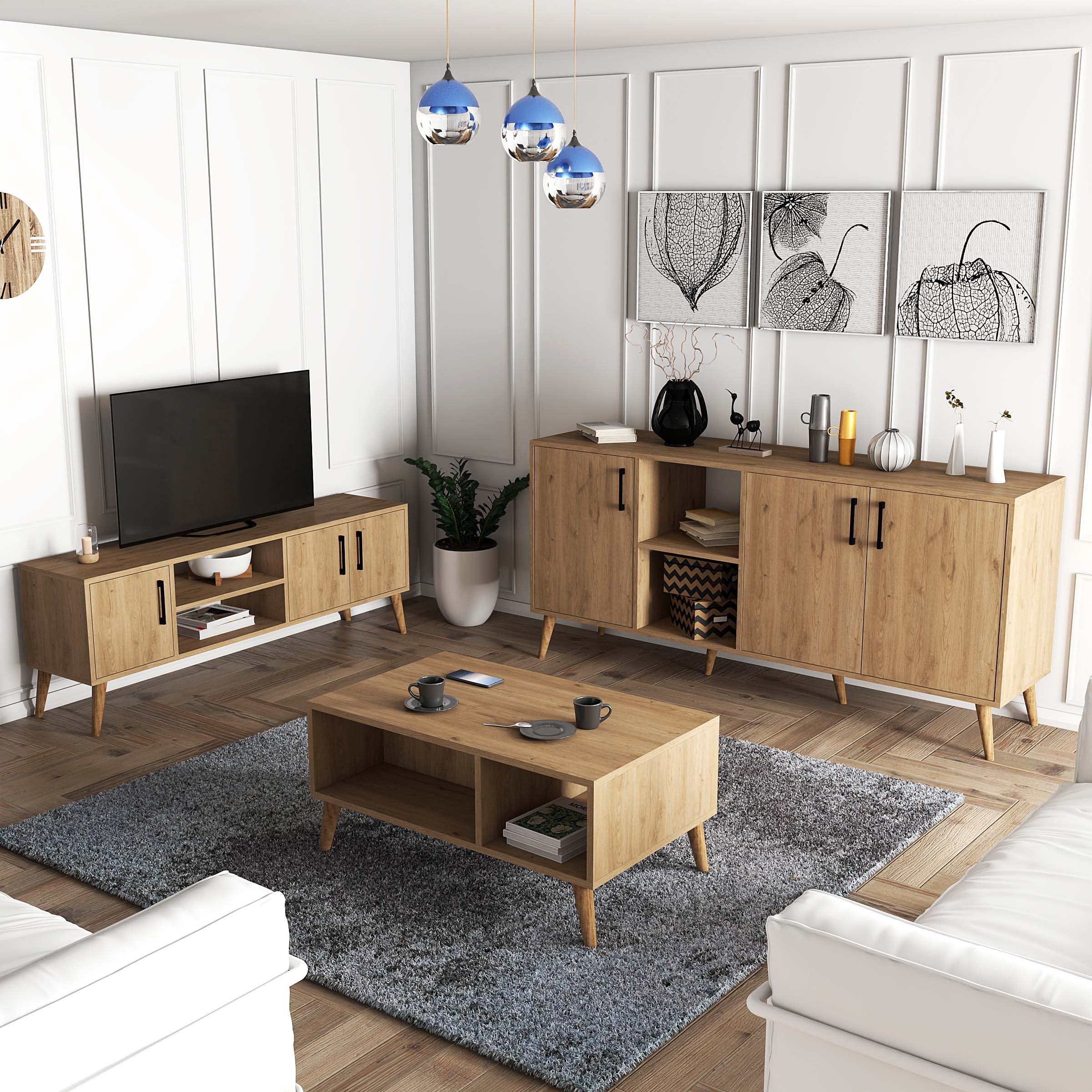 SET 1586-2076-1626 Exxen (AHŞAP AYAKLI) Tv Ünitesi - Orta Sehpa - Konsol SETi Sepet Rengi