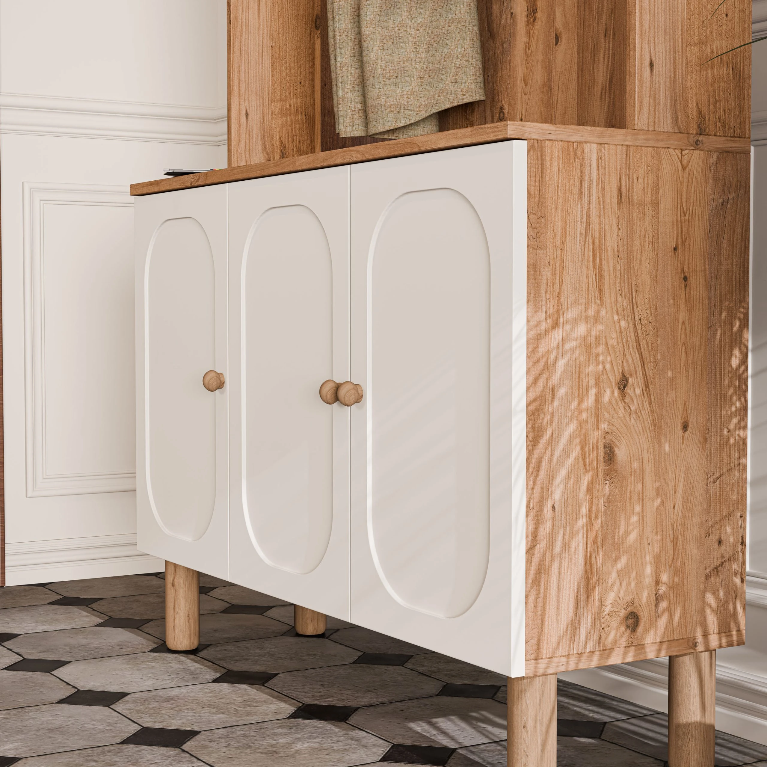 5090 Roma Sol Aynalı 3 Kapaklı (Membran) 3 Askılı Bohem Portmanto Atlantik Çam - Beyaz