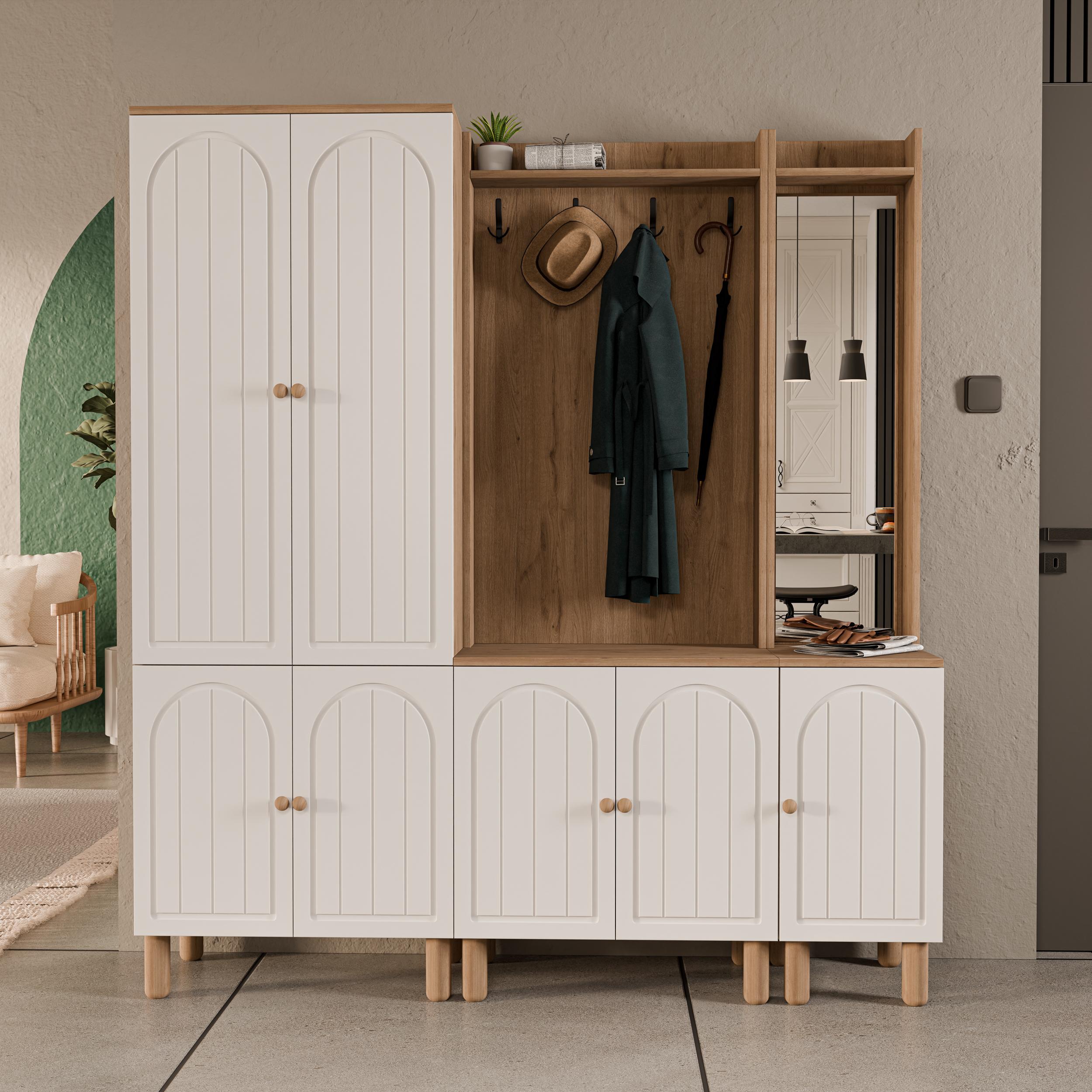 SET 5084-5072-5088 RAPSODY SAĞ AYNALI 7 KAPAKLI (MEMBRAN) 9 ASKILI BOHEM PORTMANTO SEPET-BEYAZ