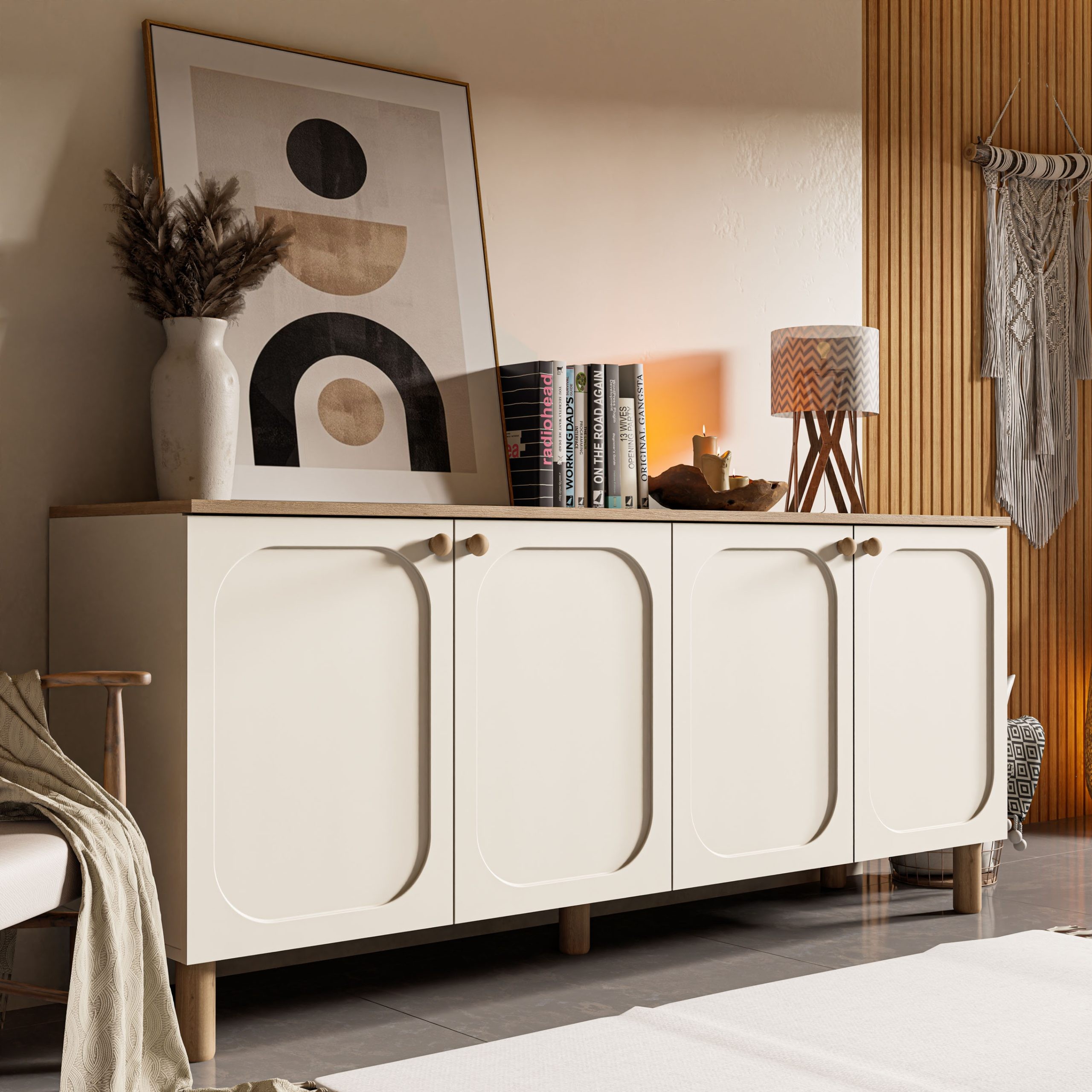 1700 Monza 180 Cm (Membran MDF Kapaklı) Bohem Konsol Sepet-Beyaz