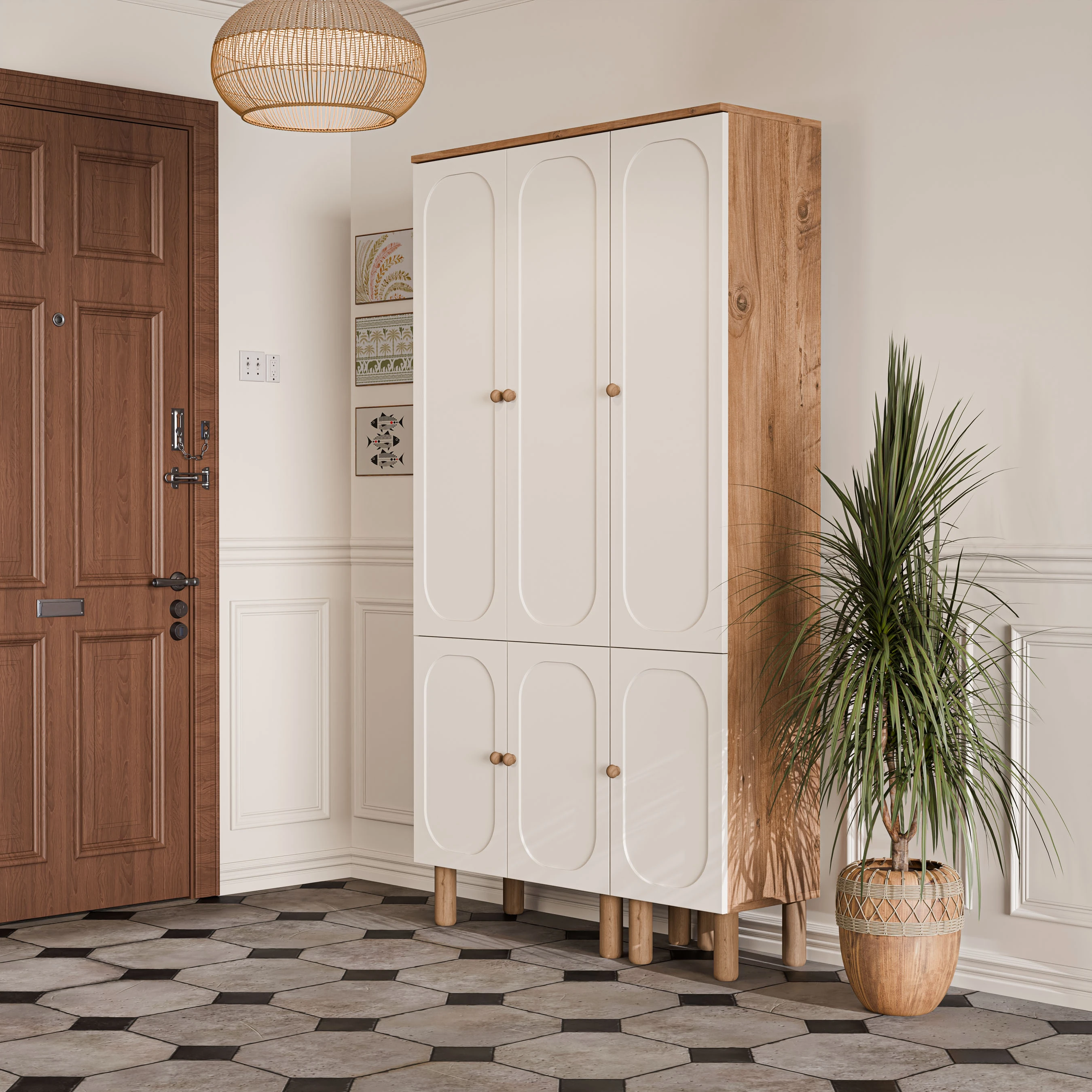 Set 5094-5093 Roma 6 Kapaklı (Membran) 5 Askılı Raflı Bohem Portmanto Atlantik Çam - Beyaz