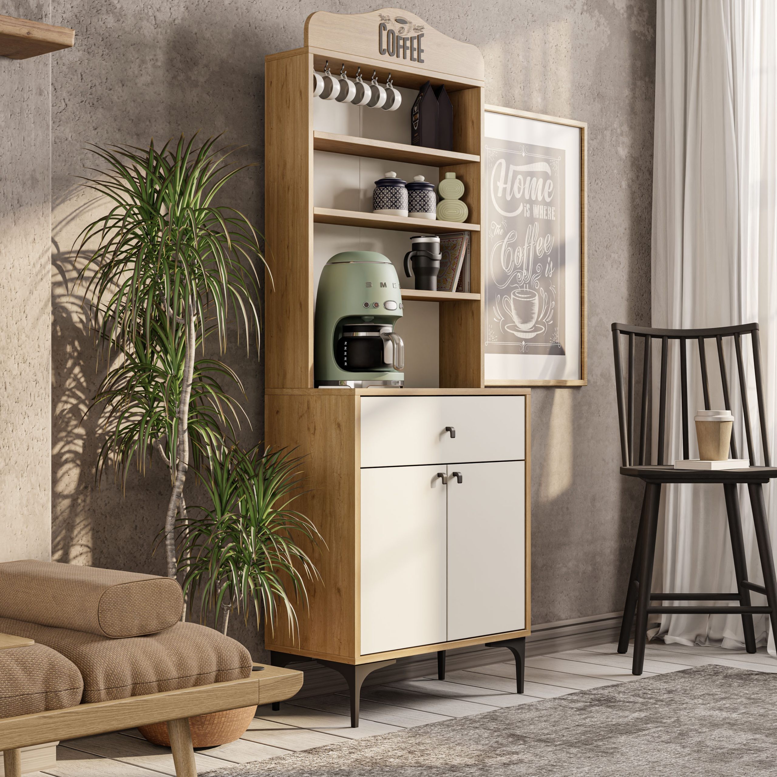 5204 SIESTA 69CM KAHVE KÖŞESİ ÇOK AMAÇLI DOLAP 2 KAPAKLI 1 ÇEKMECELİ KİLER MUTFAK DOLABI SEPET-BEYAZ