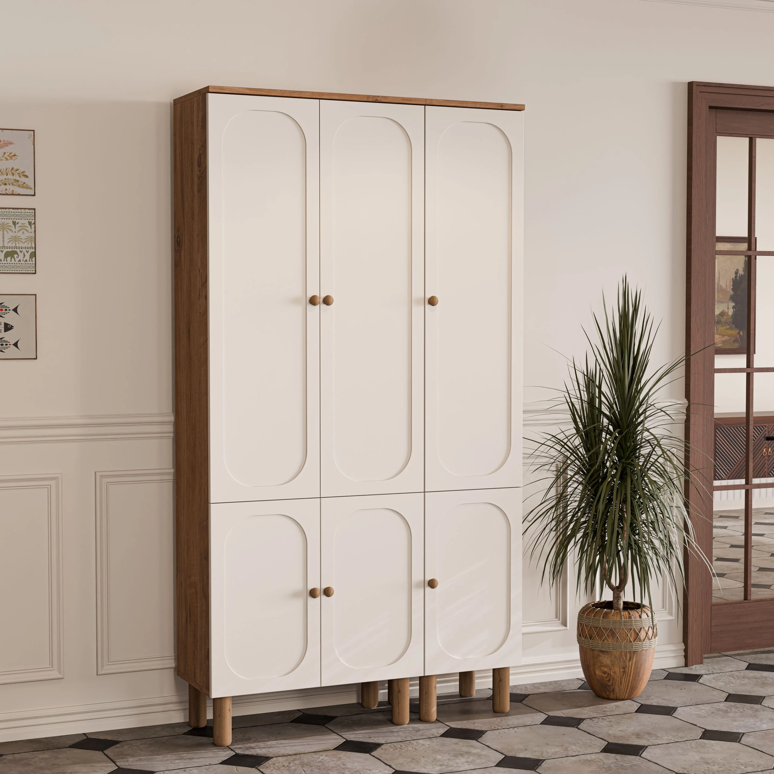 Set 5094-5093 Roma 6 Kapaklı (Membran) 5 Askılı Raflı Bohem Portmanto Atlantik Çam - Beyaz