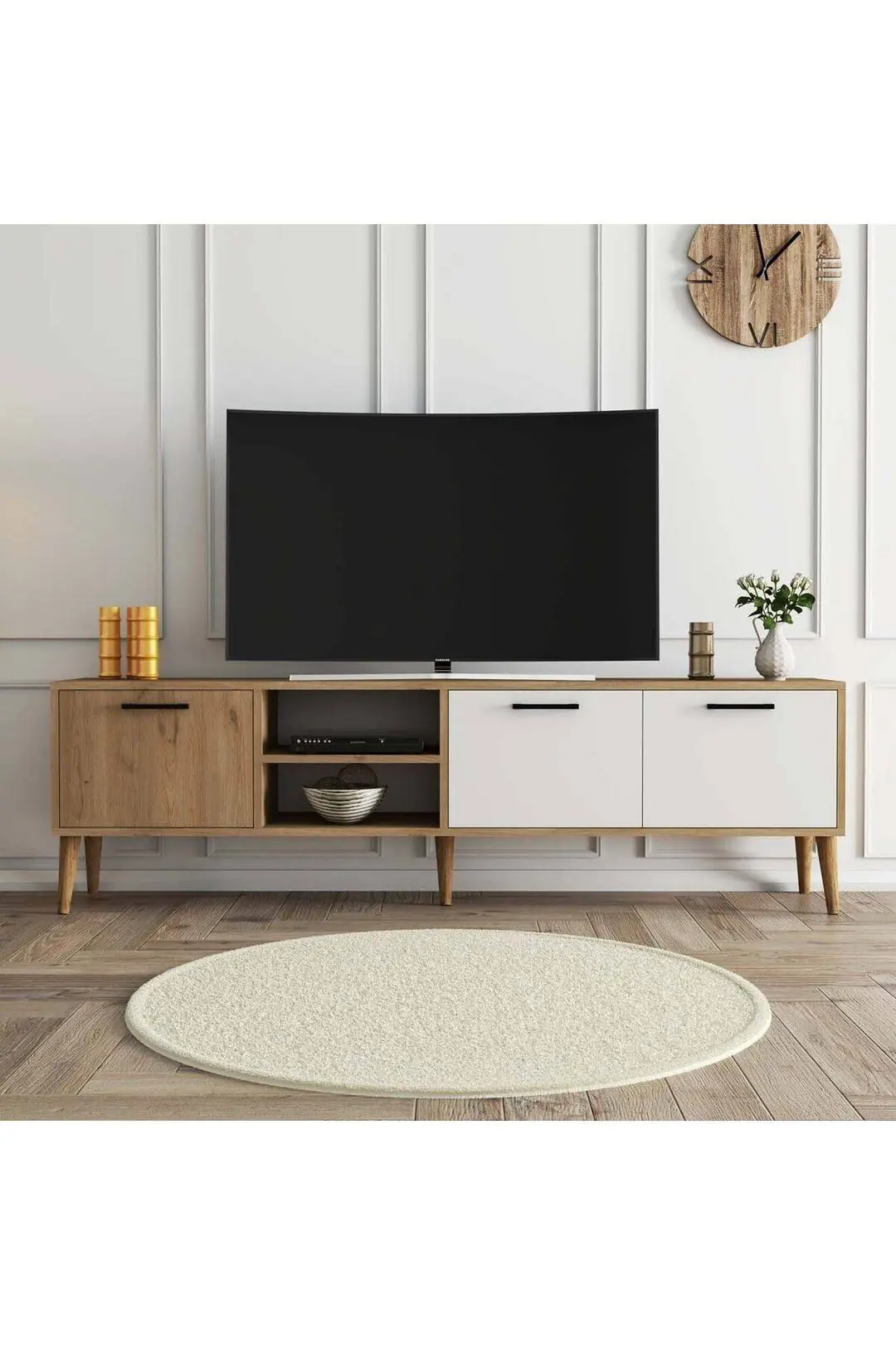 1585 Exxen 180 Cm (Ahşap Ayaklı) Tv Ünitesi Sepet Beyaz