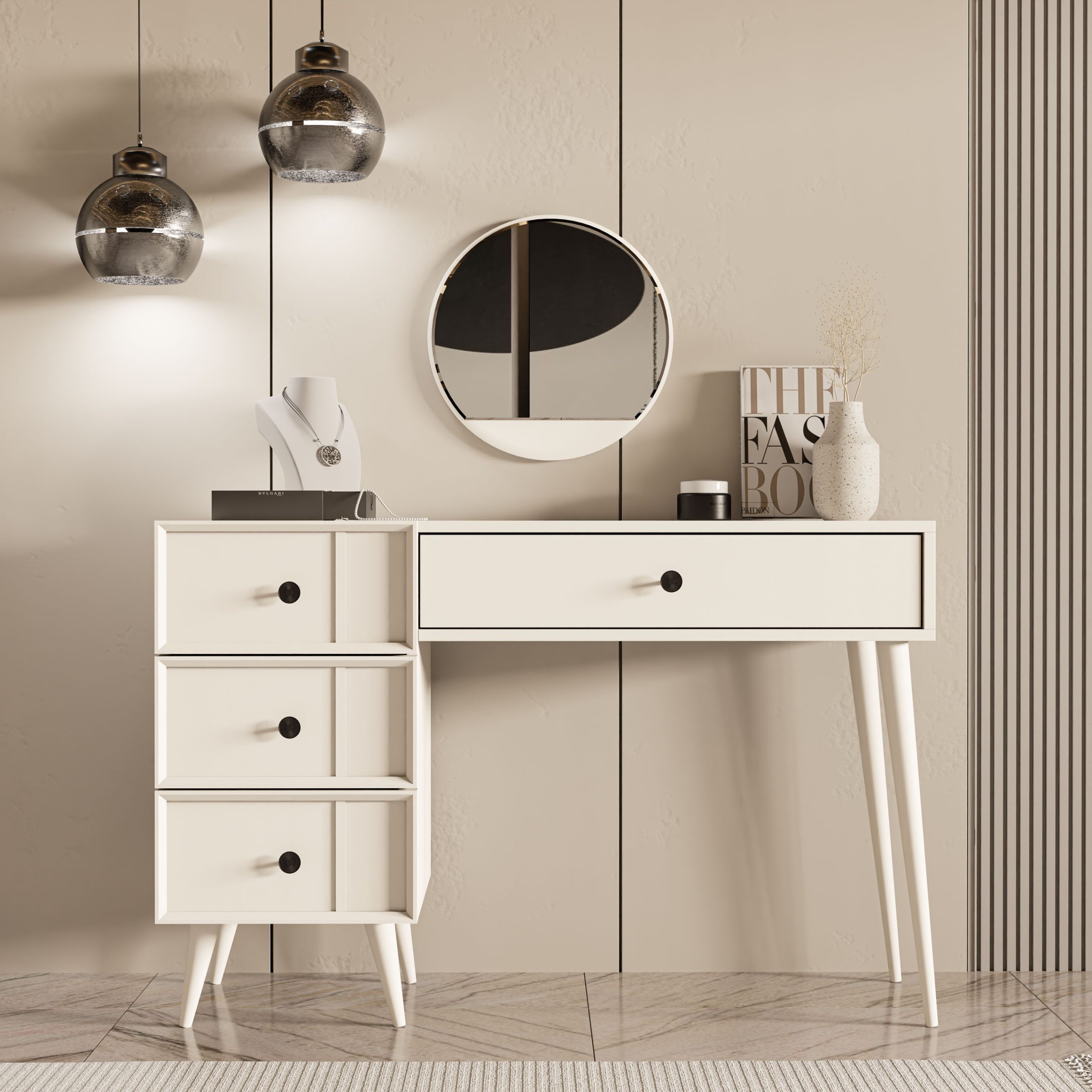 2250 ROSE AYNALI (AHŞAP AYAKLI)MDF PROFİL ÇERÇEVELİ 4 ÇEKMECELİ 120 CM MAKYAJ MASASI BEYAZ