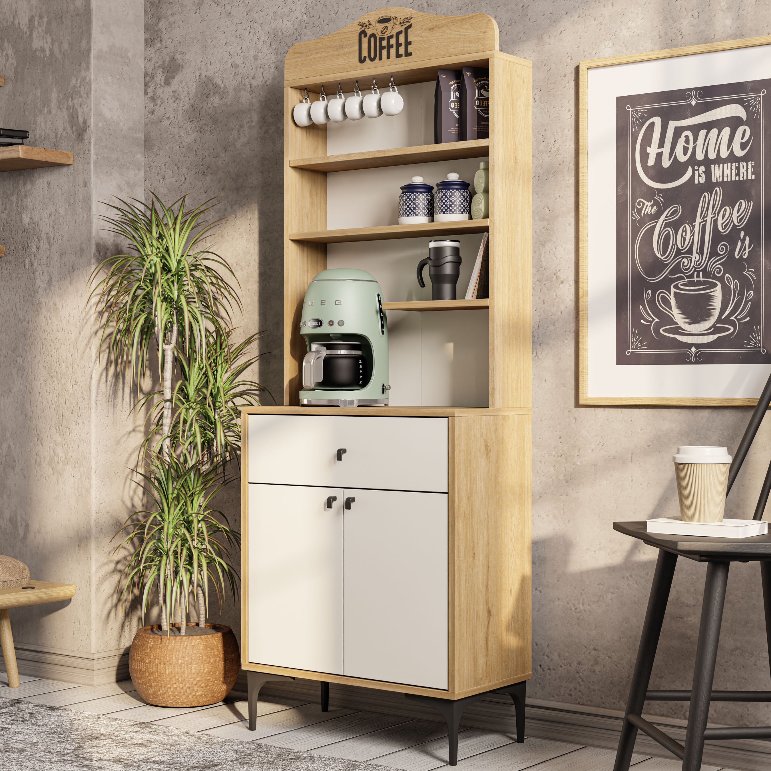 5204 SIESTA 69CM KAHVE KÖŞESİ ÇOK AMAÇLI DOLAP 2 KAPAKLI 1 ÇEKMECELİ KİLER MUTFAK DOLABI SEPET-BEYAZ
