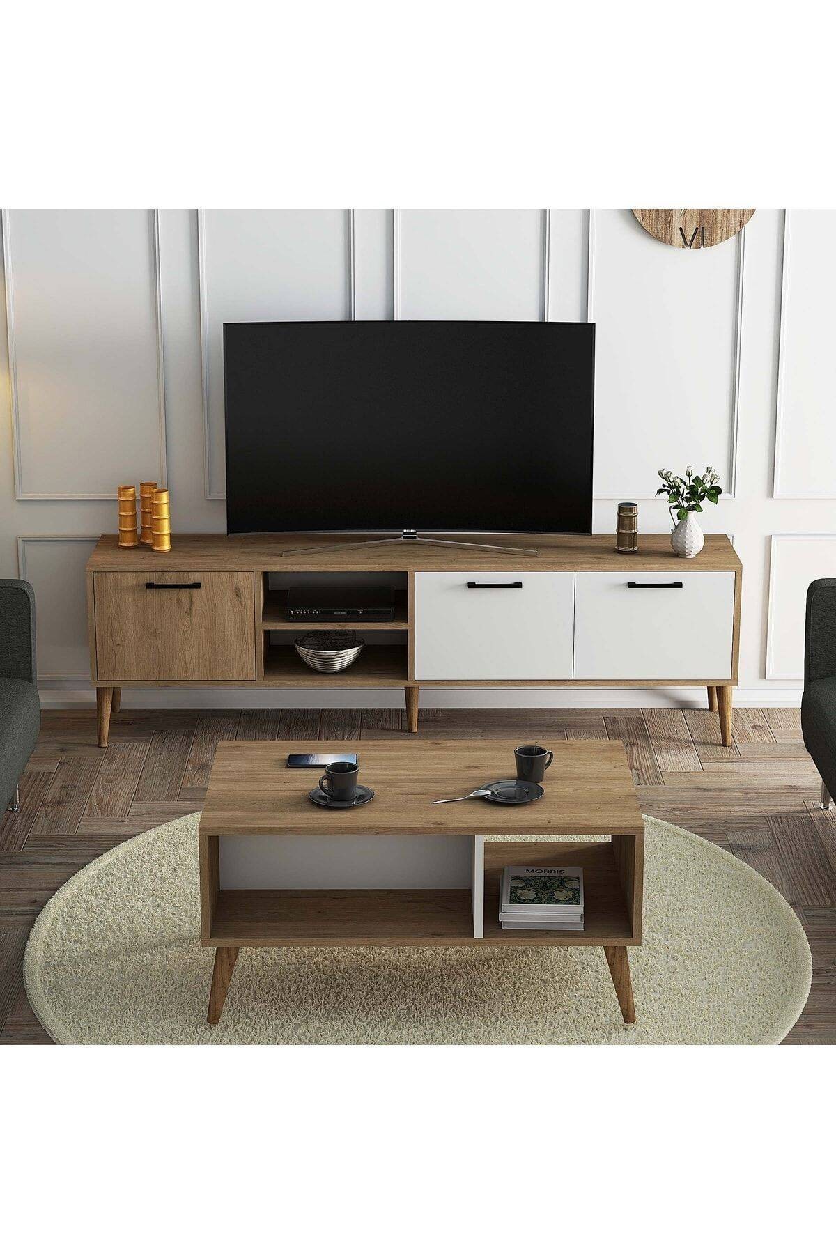 SET 1585-2074 Exxen 180 Cm Tv Ünitesi Exxen Orta Sehpa (AHŞAP AYAKLI) - Sepet-beyaz Rengi