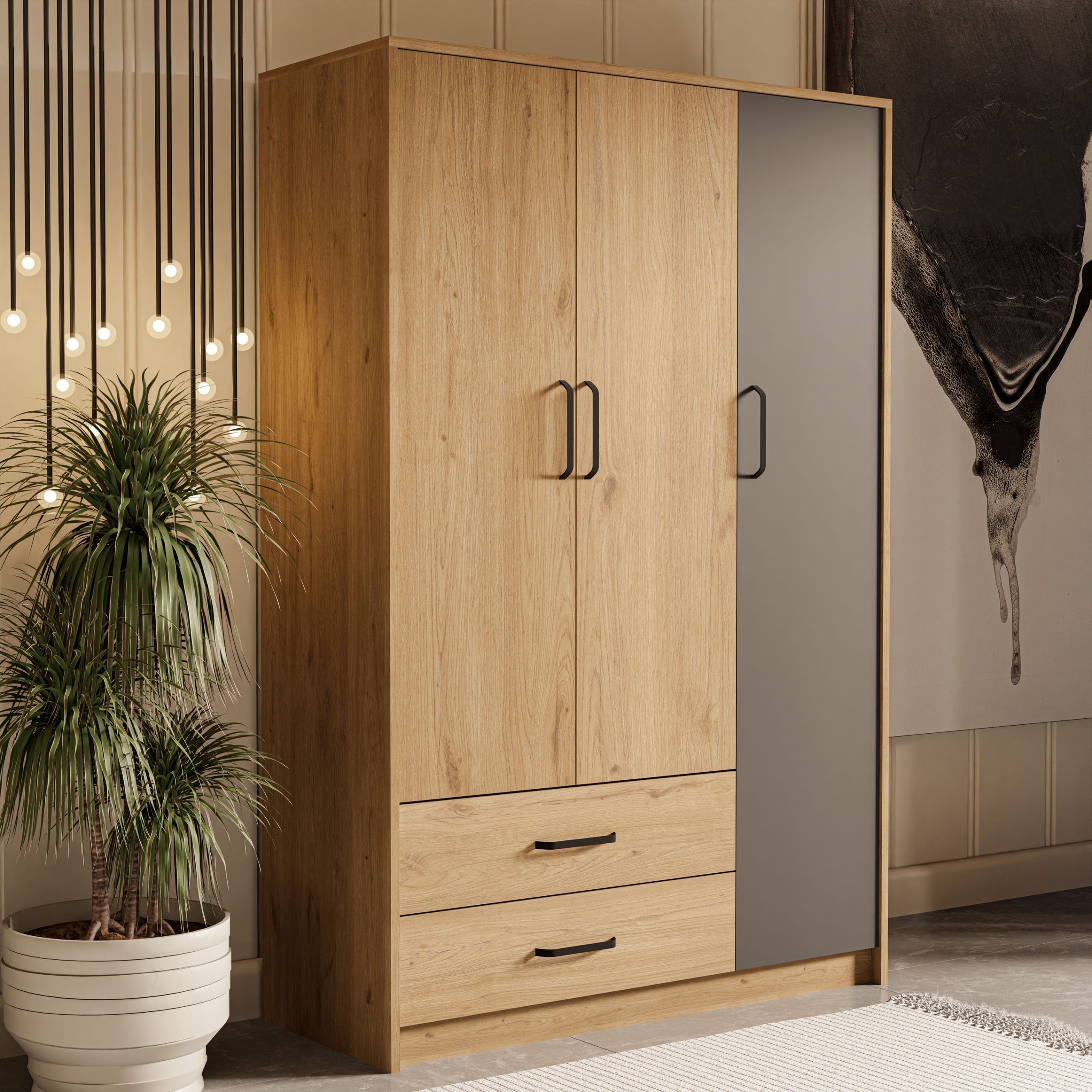 3508 Grande Modern 3 Kapılı 2 Çekmeceli Gardırop Sepet - Antrasit