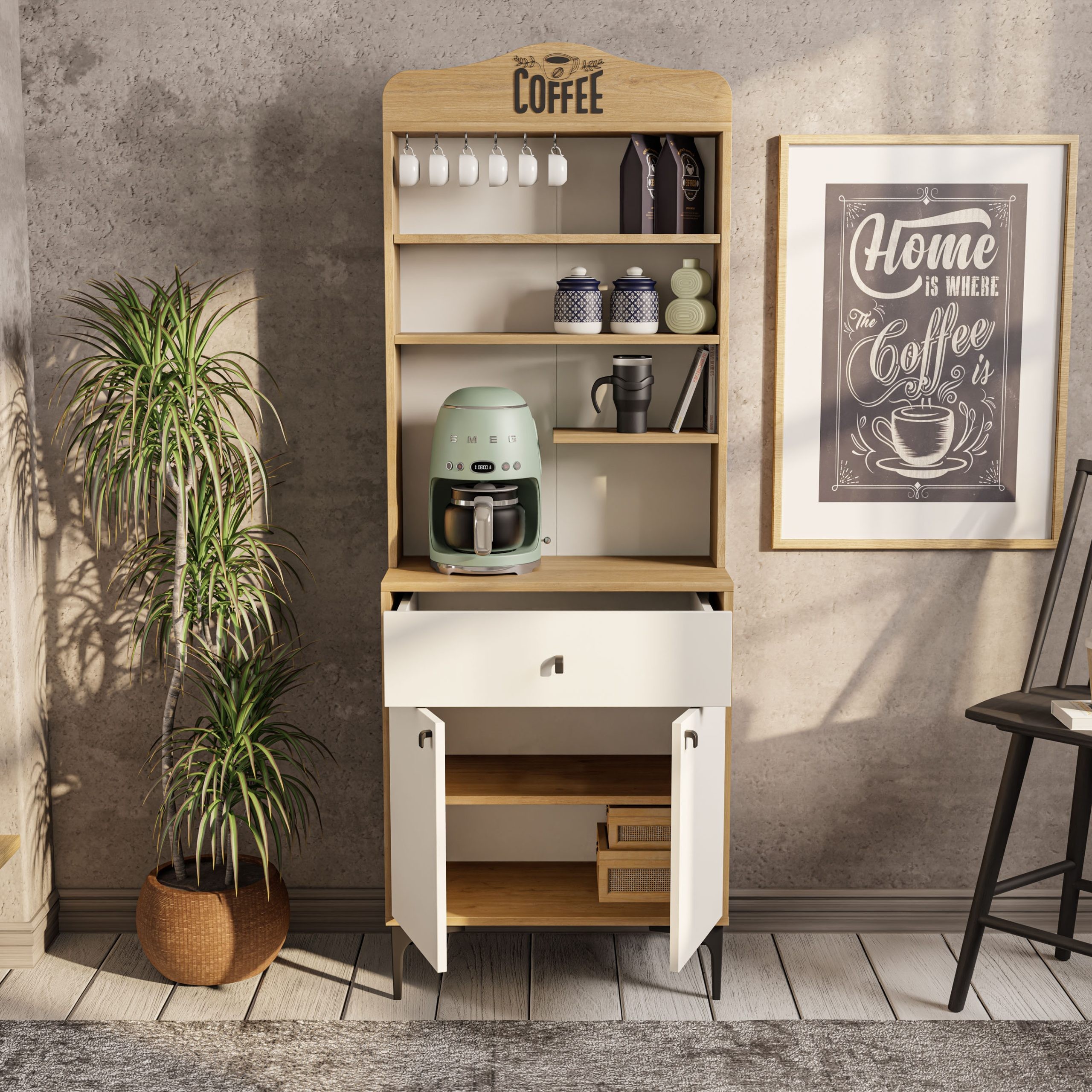 5204 SIESTA 69CM KAHVE KÖŞESİ ÇOK AMAÇLI DOLAP 2 KAPAKLI 1 ÇEKMECELİ KİLER MUTFAK DOLABI SEPET-BEYAZ