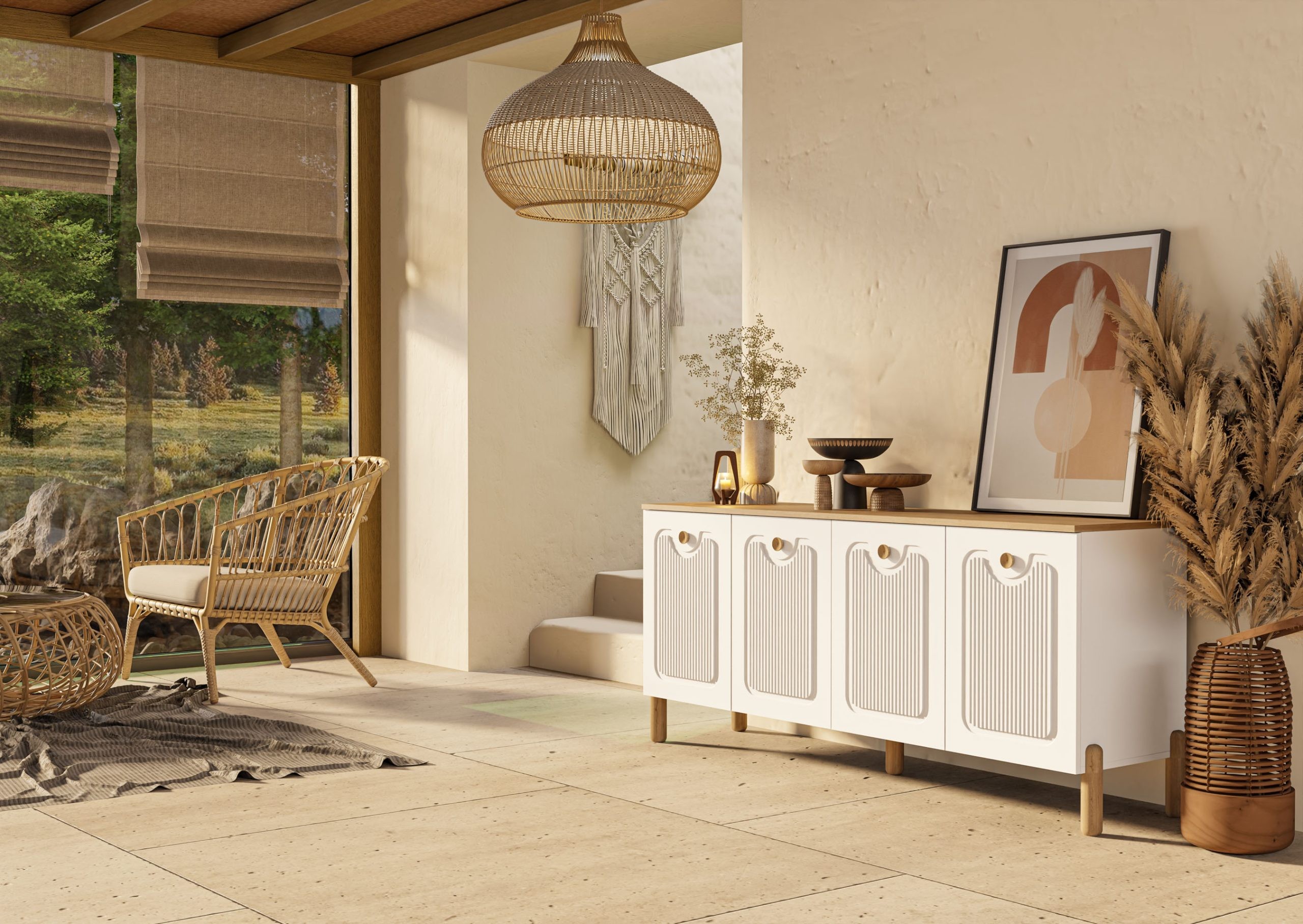 1740 Napoli 180 Cm (Membran MDF Kapaklı) Bohem Konsol Sepet - Beyaz