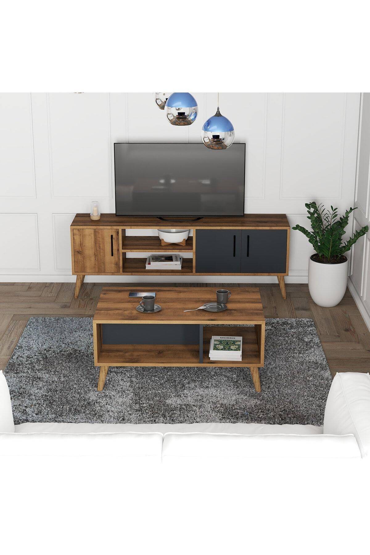 SET 1580-2070 EXXEN 150 CM (AHŞAP AYAKLI) TV ÜNİTESİ ORTA SEHPA SETİ HAT ANTRASİT