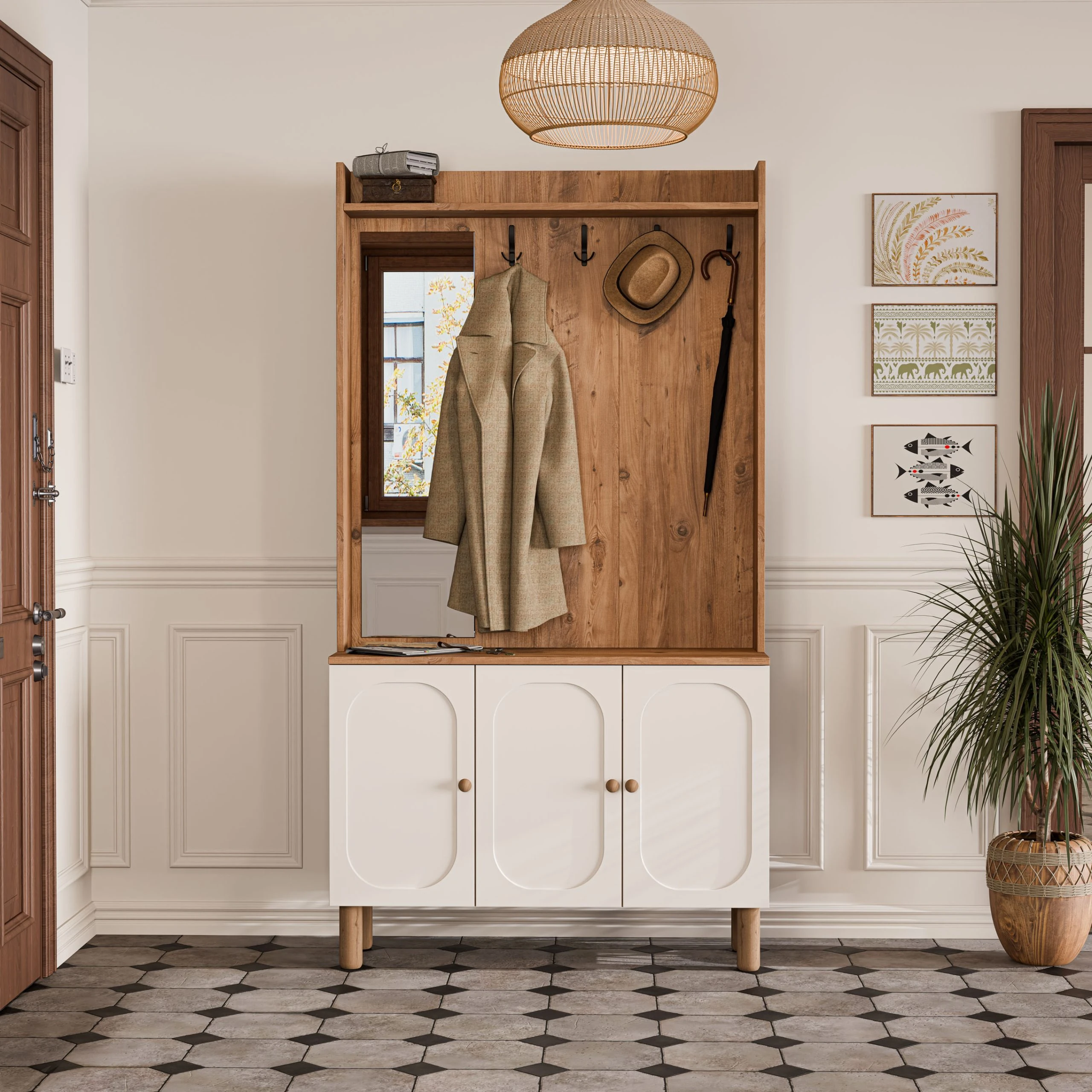 5090 Roma Sol Aynalı 3 Kapaklı (Membran) 3 Askılı Bohem Portmanto Atlantik Çam - Beyaz