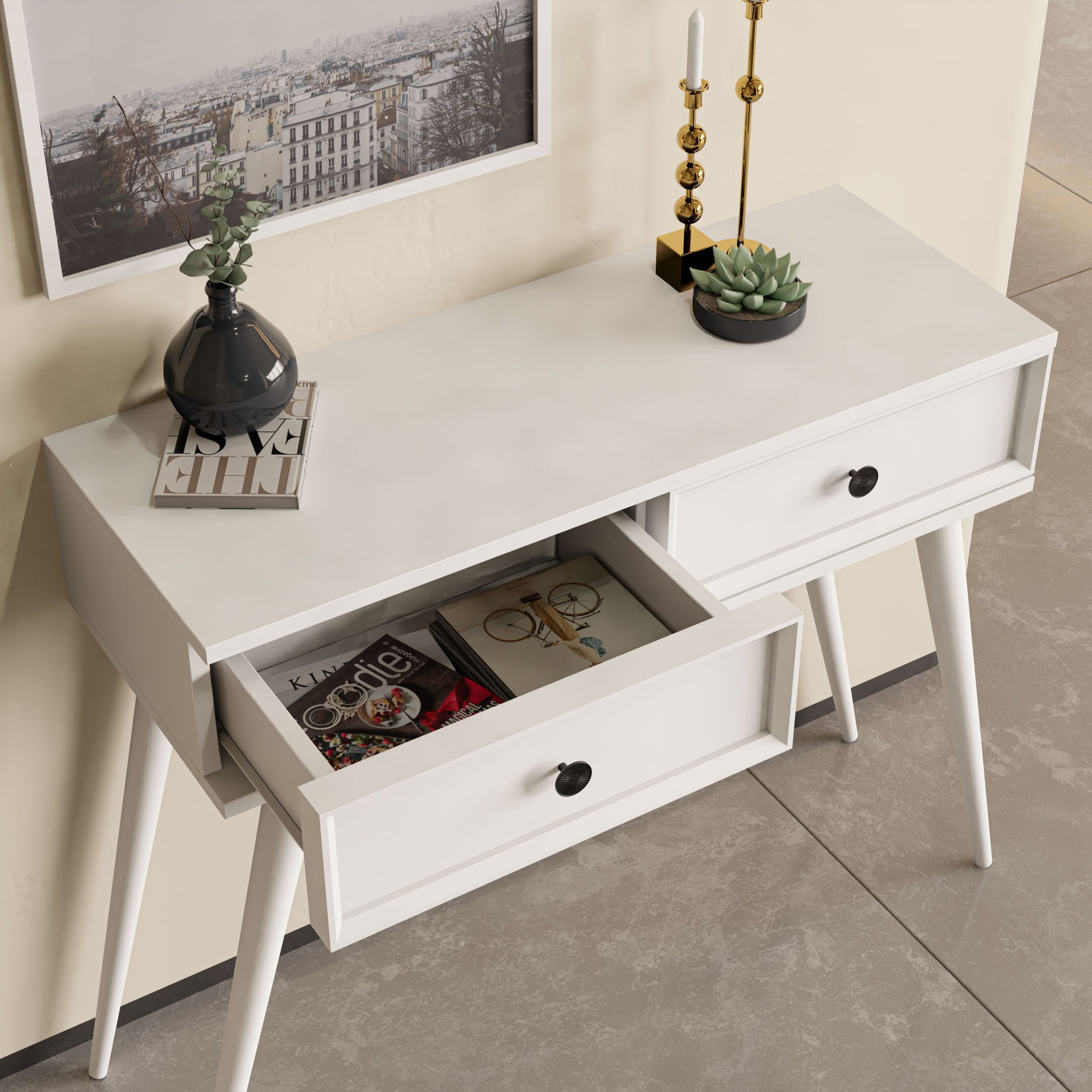 6021 LUNA (AHŞAP AYAKLI) MDF PROFİL ÇERÇEVELİ 2 ÇEKMECELİ DRESUAR BEYAZ