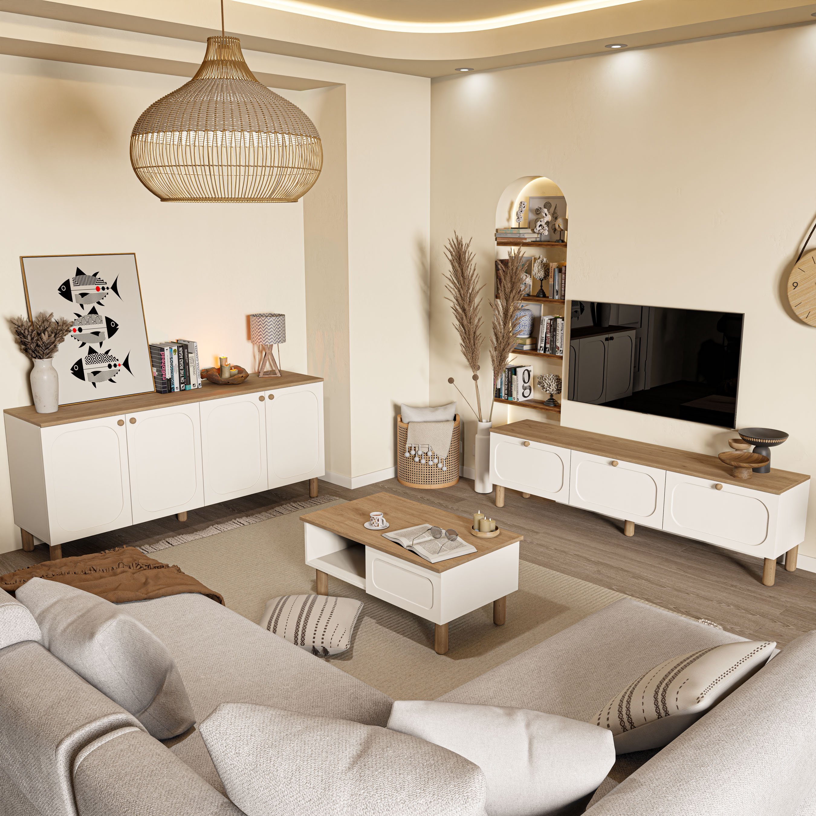 Set 1280-2100-1700 Monza Tv Ünitesi - Orta Sehpa - Konsol Seti Sepet - Beyaz