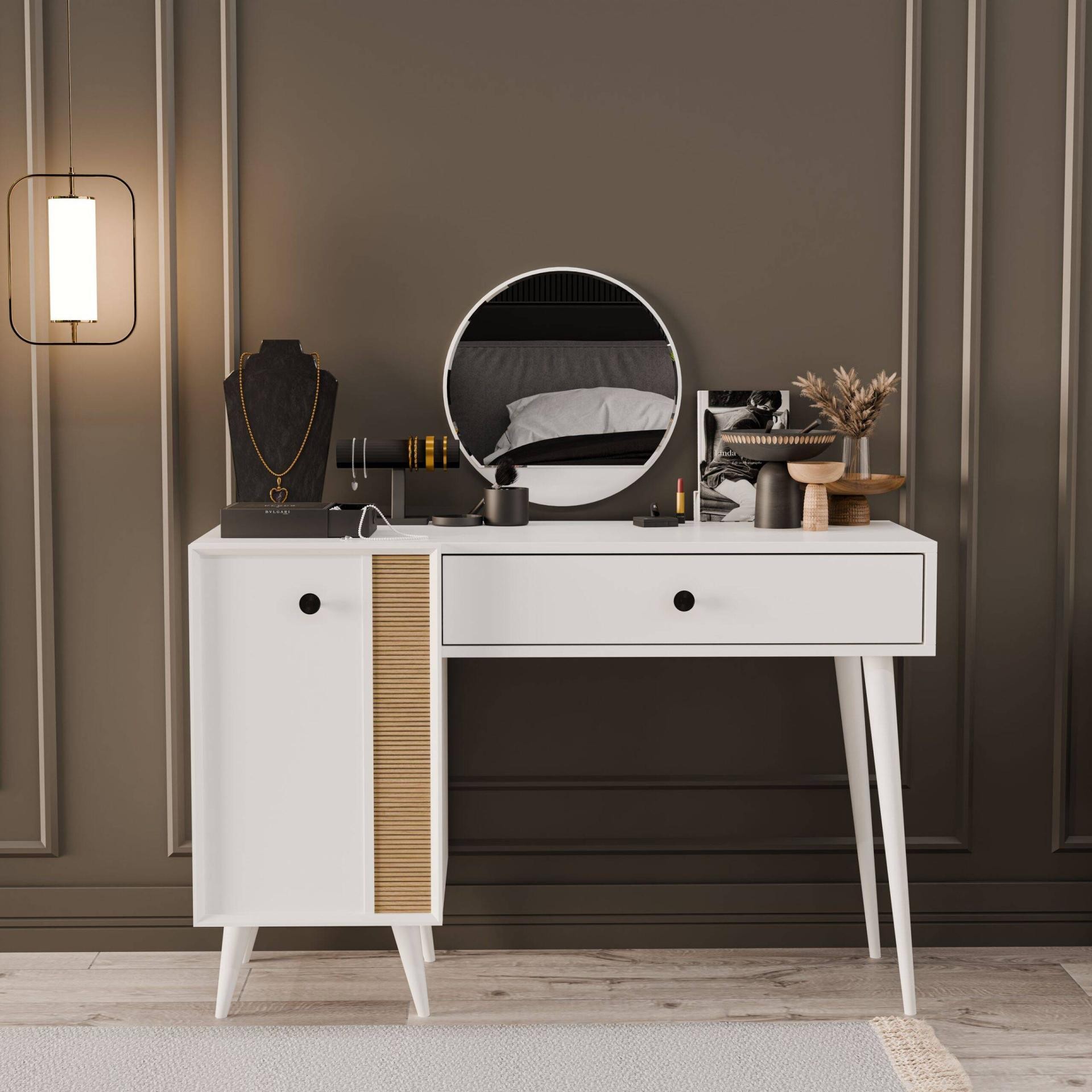 2242 LOVE AYNALI(AHŞAP AYAKLI)MDF PROFİL ÇERÇEVELİ ÇEKMECELİ KAPAKLI 120CM MAKYAJ MASASI BEYAZ YUNUS