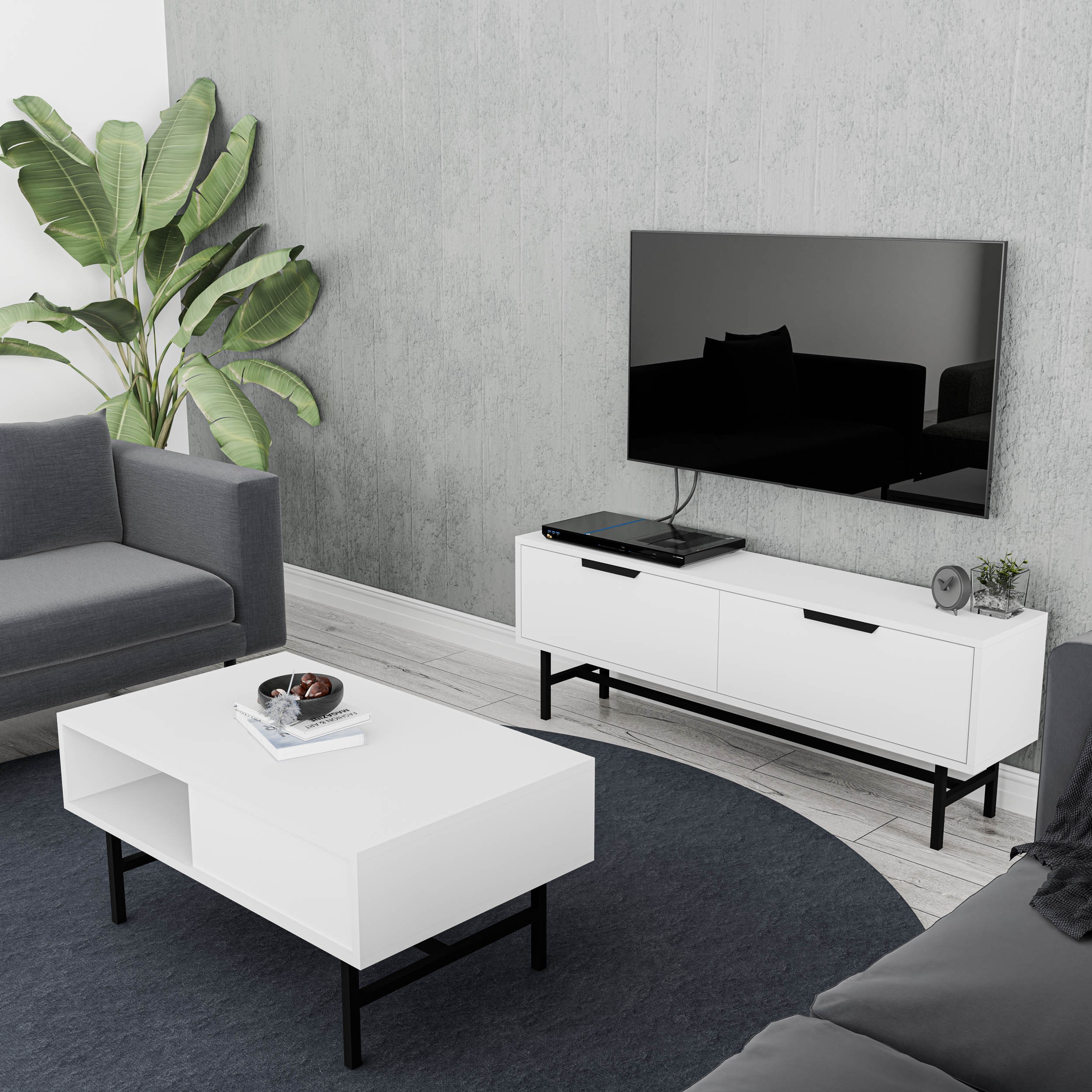 SET 4016-4202 BLANCO SİYAH METAL AYAKLI TV ÜNİTESİ - FELIX ORTA SEHPA TAKIMI BEYAZ