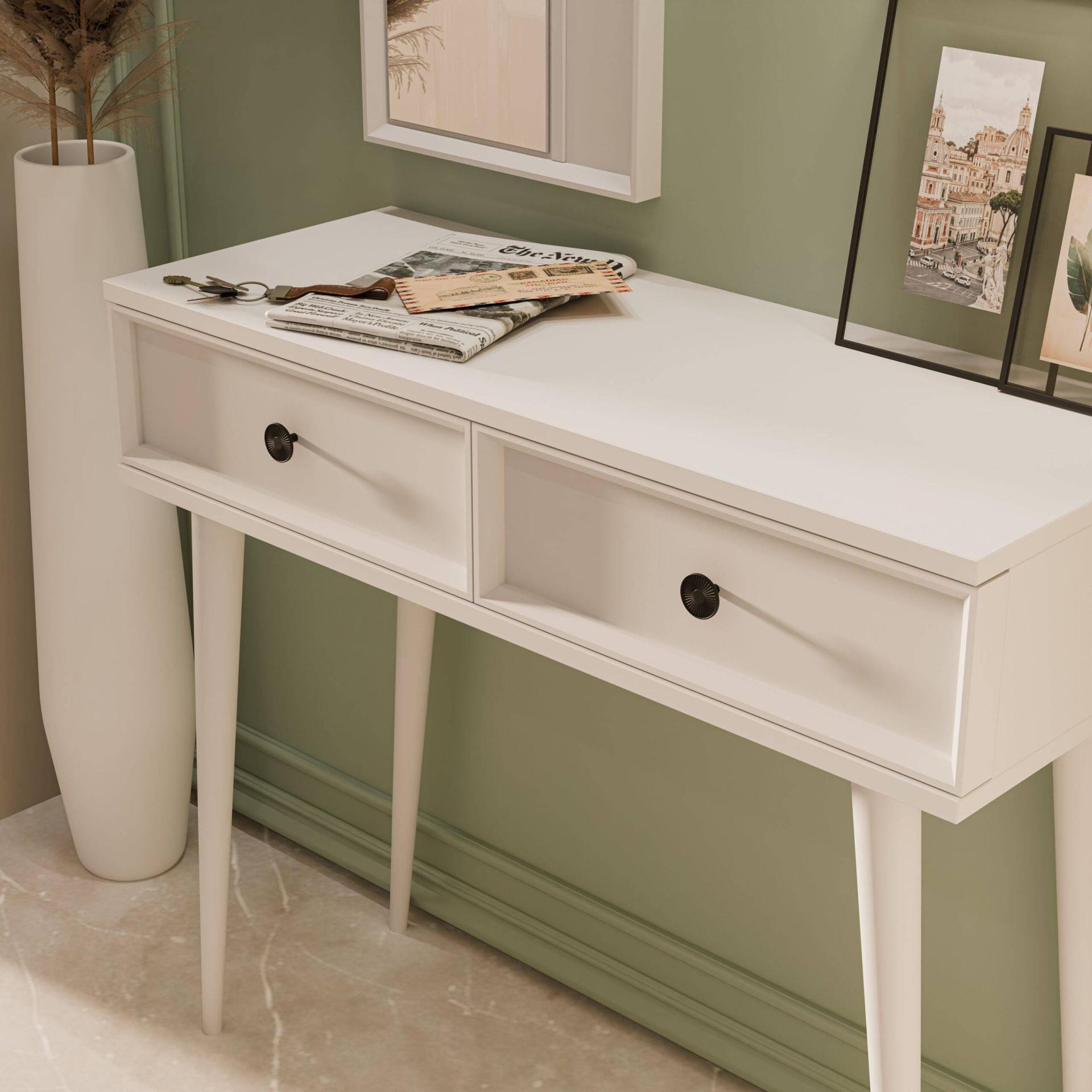 6020 LUNA (AHŞAP AYAKLI) MDF PROFİL ÇERÇEVELİ 2 ÇEKMECELİ AYNALI DRESUAR BEYAZ