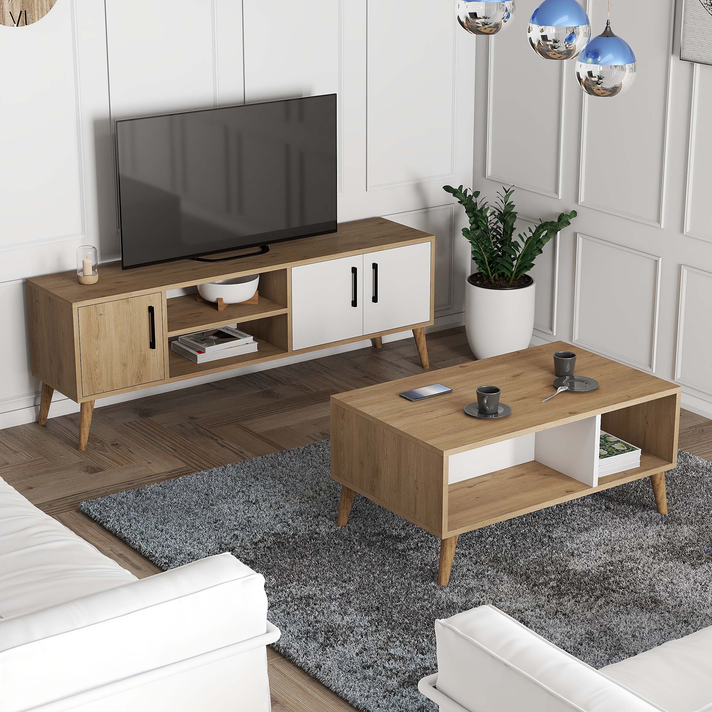 SET 1584-2074 Exxen Tv Ünitesi Exxen Orta Sehpa (AHŞAP AYAKLI) - Sepet-beyaz Rengi