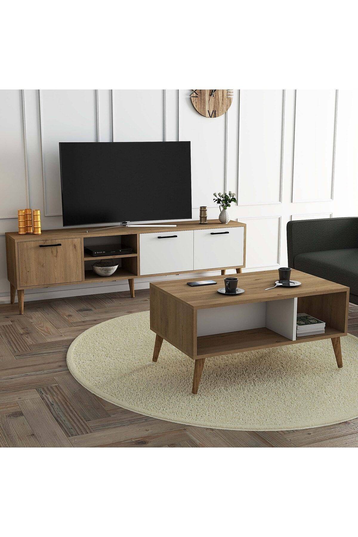 SET 1585-2074 Exxen 180 Cm Tv Ünitesi Exxen Orta Sehpa (AHŞAP AYAKLI) - Sepet-beyaz Rengi