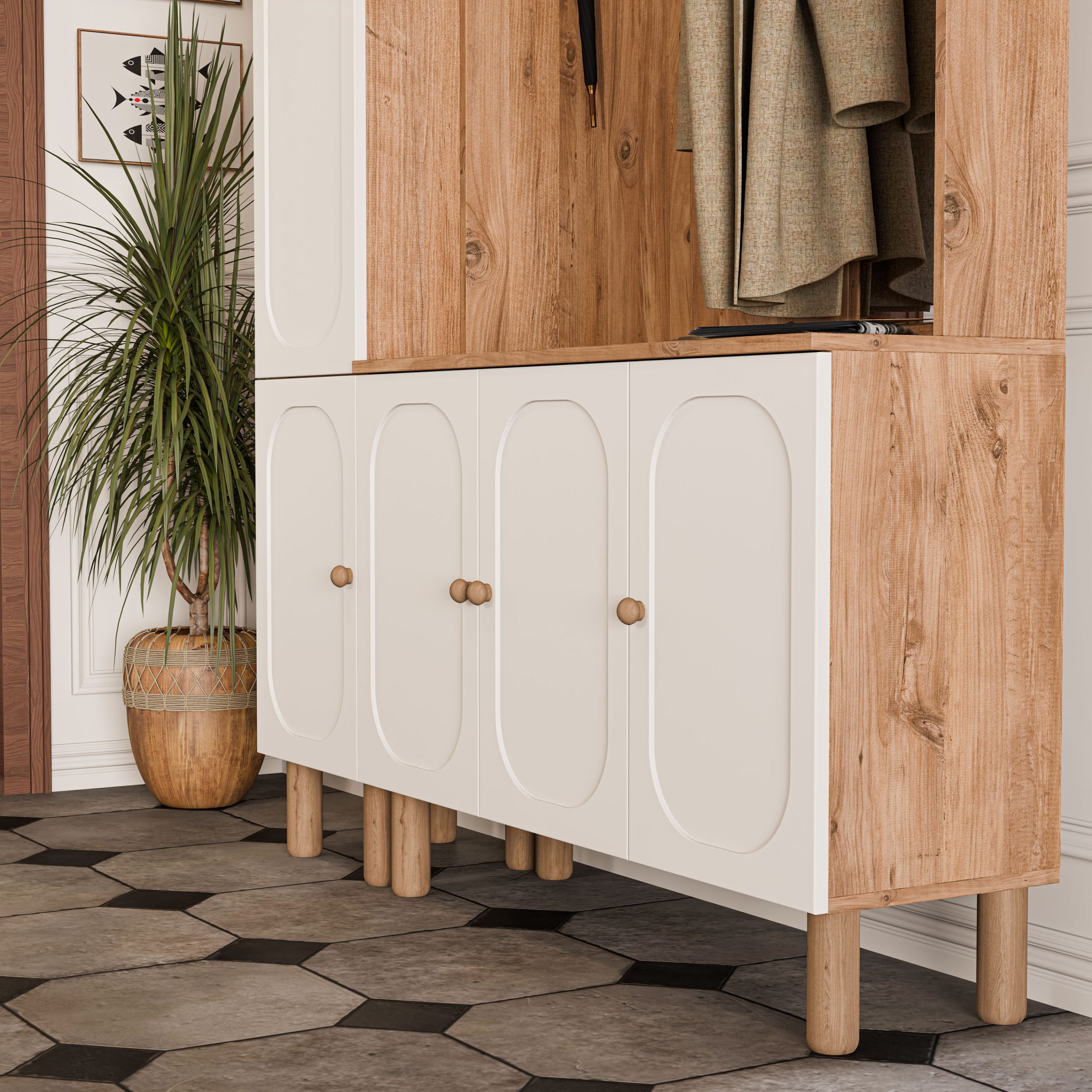 Set 5092-5091 Roma Sağ Aynalı 5 Kapaklı (Membran) 4 Askılı Bohem Portmanto Atlantik Çam - Beyaz