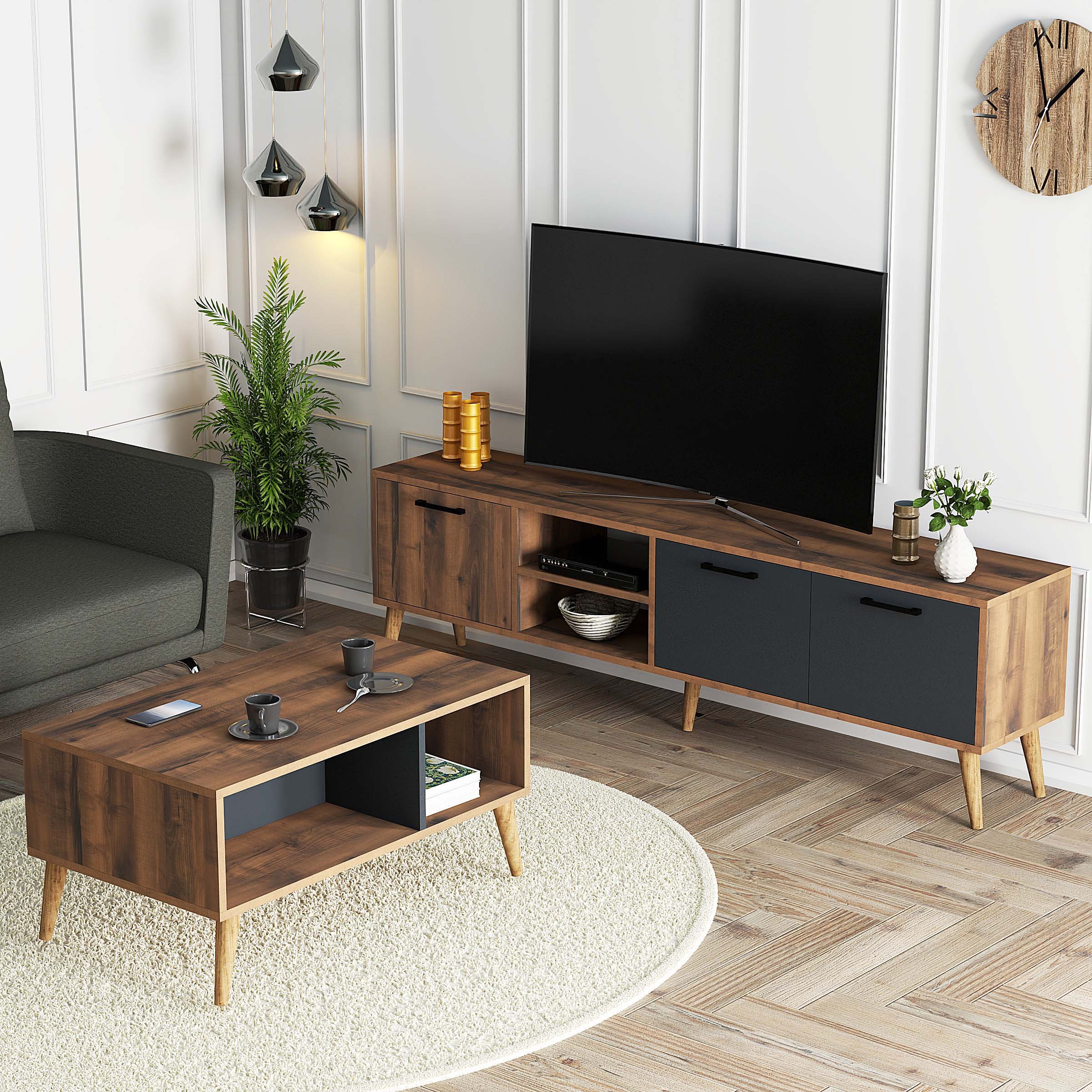 SET 1581-2070 Exxen 180 Cm Tv Ünitesi Exxen Orta Sehpa (AHŞAP AYAKLI) - Hat-antrasit Rengi