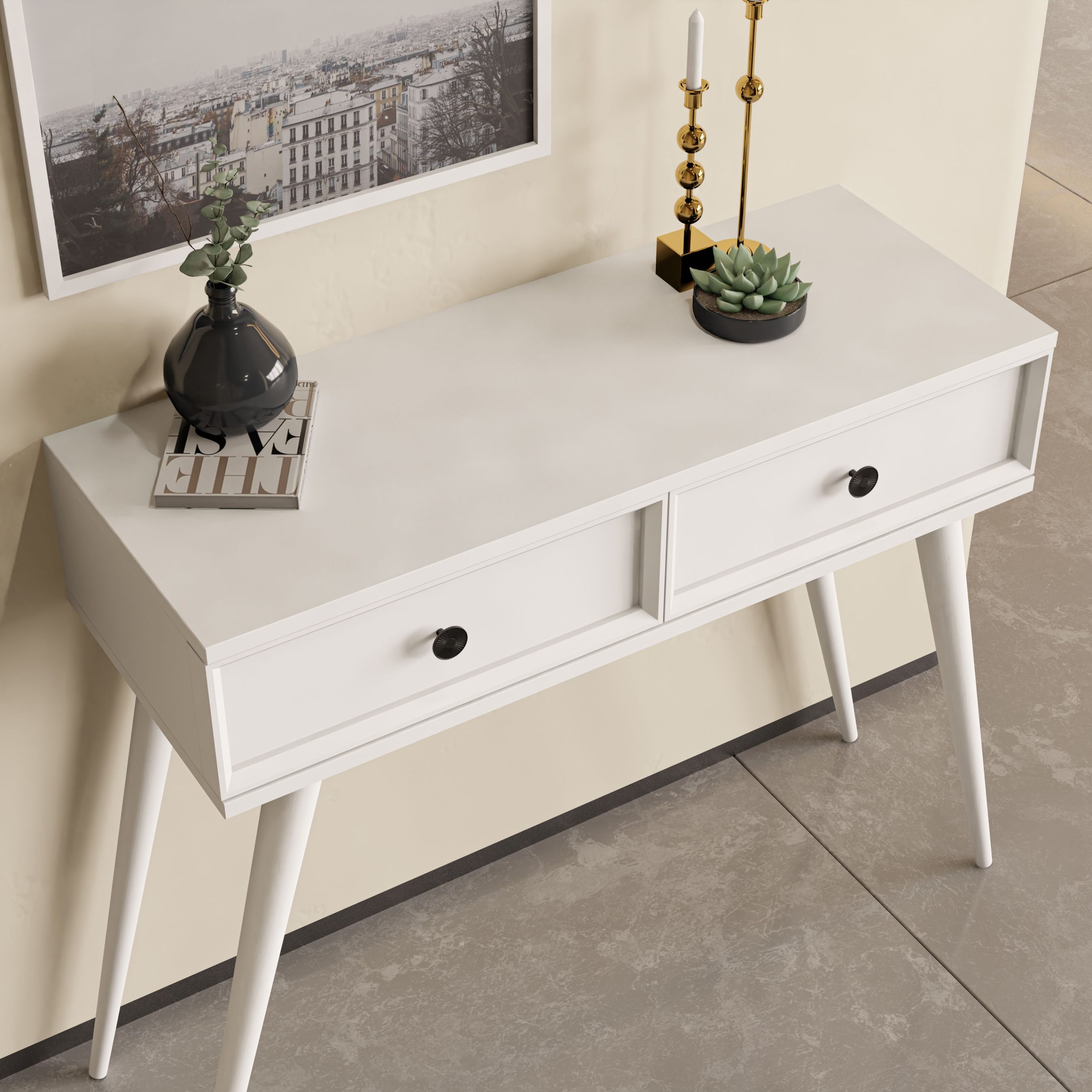 6021 LUNA (AHŞAP AYAKLI) MDF PROFİL ÇERÇEVELİ 2 ÇEKMECELİ DRESUAR BEYAZ