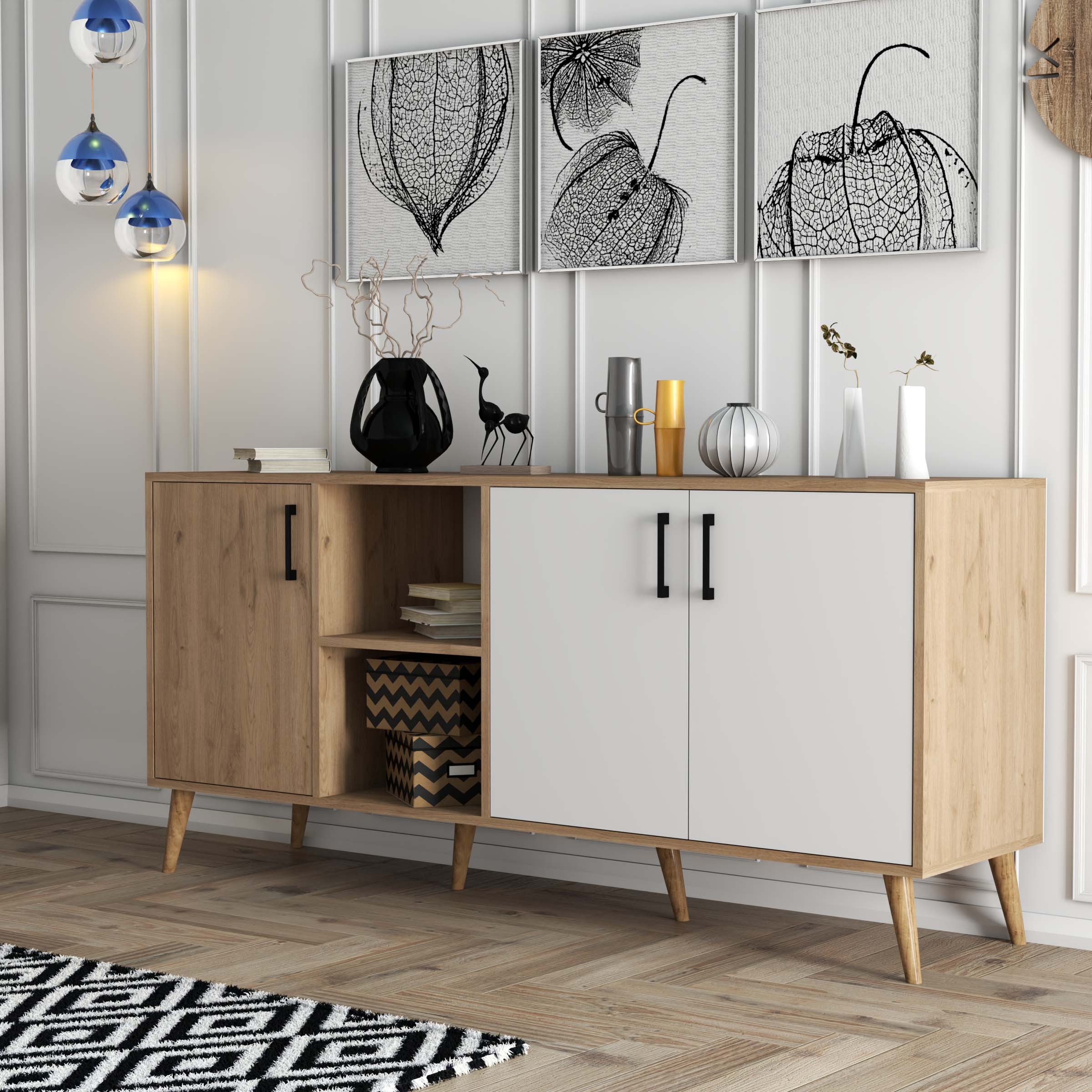 1624 Exxen 180 Cm (AHŞAP AYAKLİ) Modern Konsol Sepet Beyaz