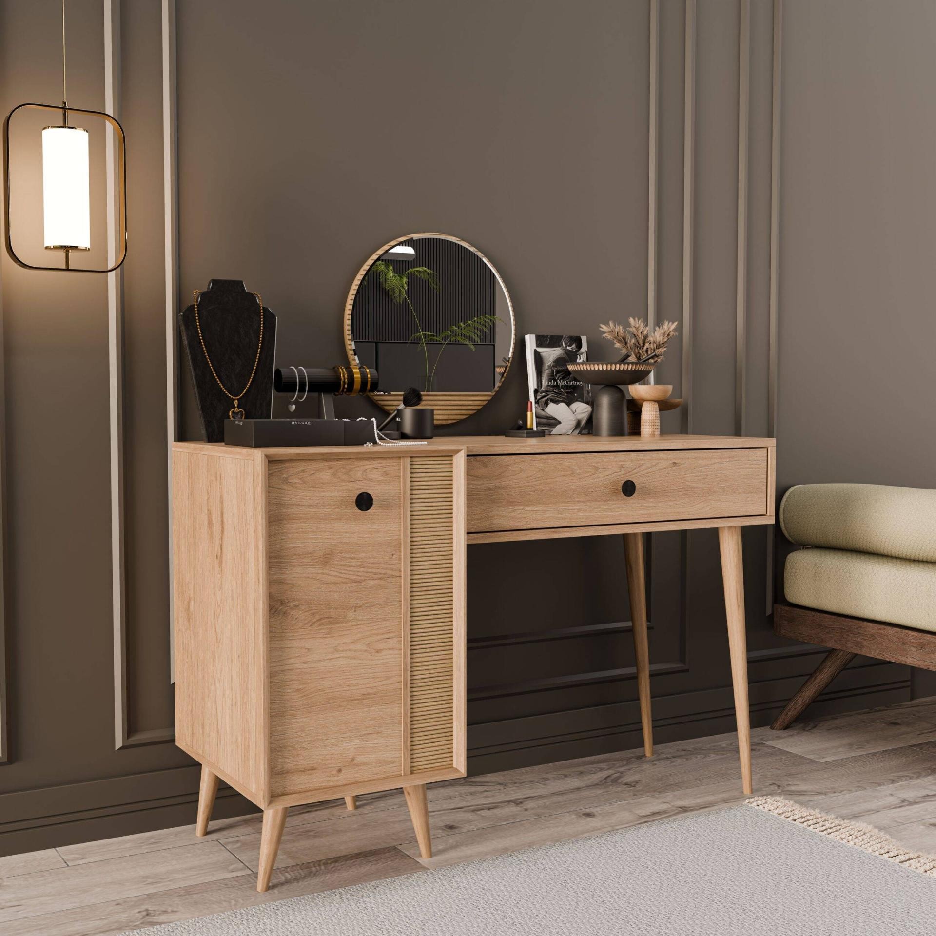 2244 Love Aynalı(AHŞAP AYAKLI)MDF PROFİL ÇERÇEVELİ Çekmeceli-Kapaklı 120Cm Makyaj Masası Sepet Yunus