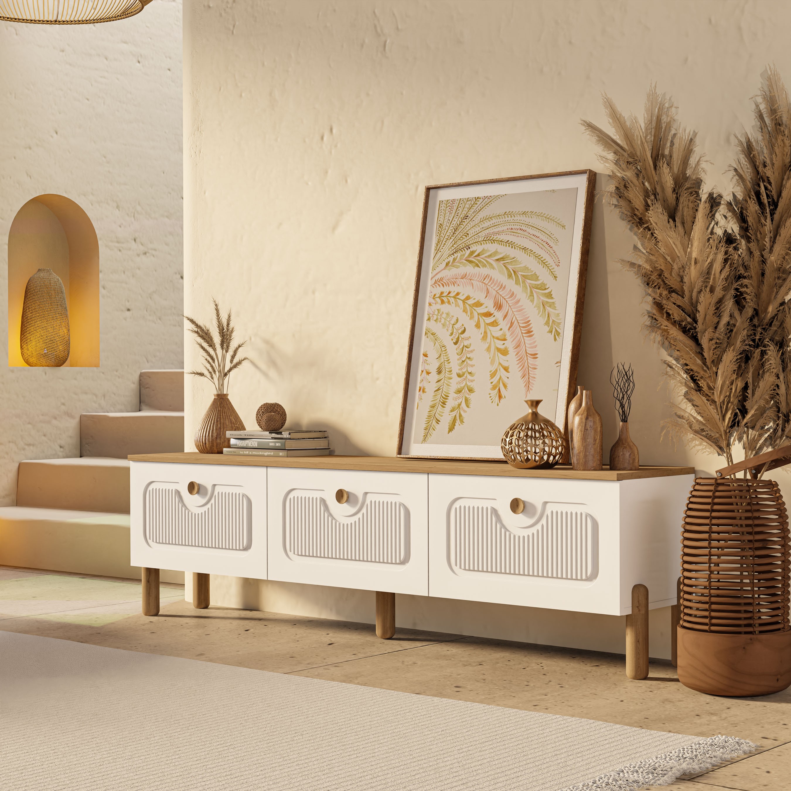 4090 Napoli 180 Cm (Membran MDF Kapaklı) Bohem Tv Ünitesi Sepet - Beyaz