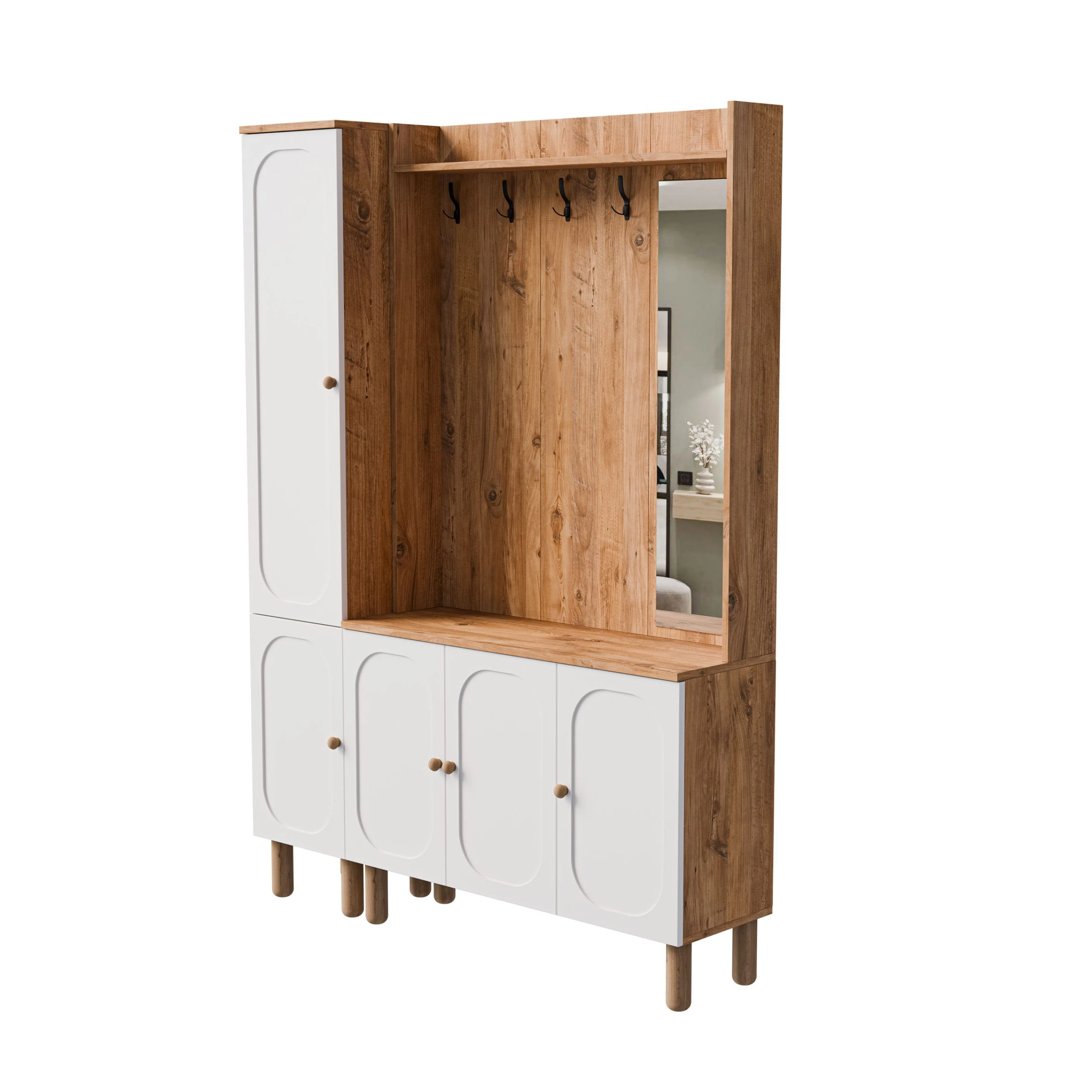 Set 5092-5091 Roma Sağ Aynalı 5 Kapaklı (Membran) 4 Askılı Bohem Portmanto Atlantik Çam - Beyaz