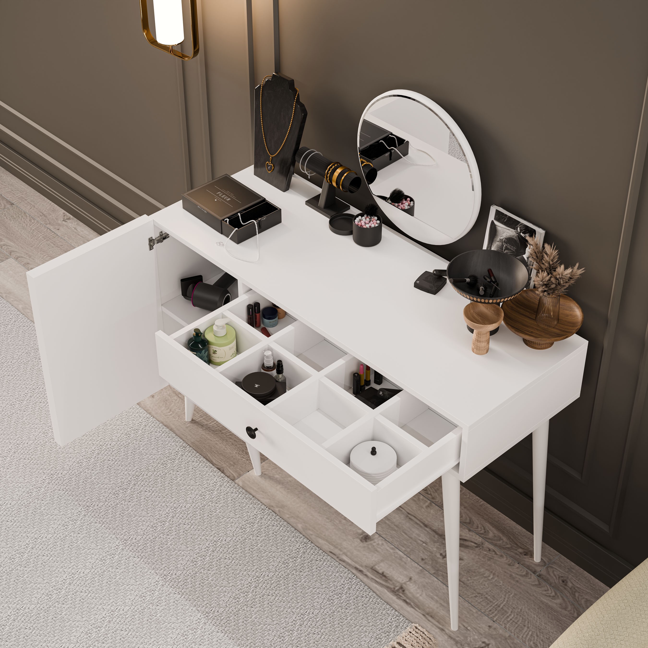 2240 LOVE AYNALI (AHŞAP AYAKLI) MDF PROFİL ÇERÇEVELİ ÇEKMECELİ - KAPAKLI 120 CM MAKYAJ MASASI BEYAZ